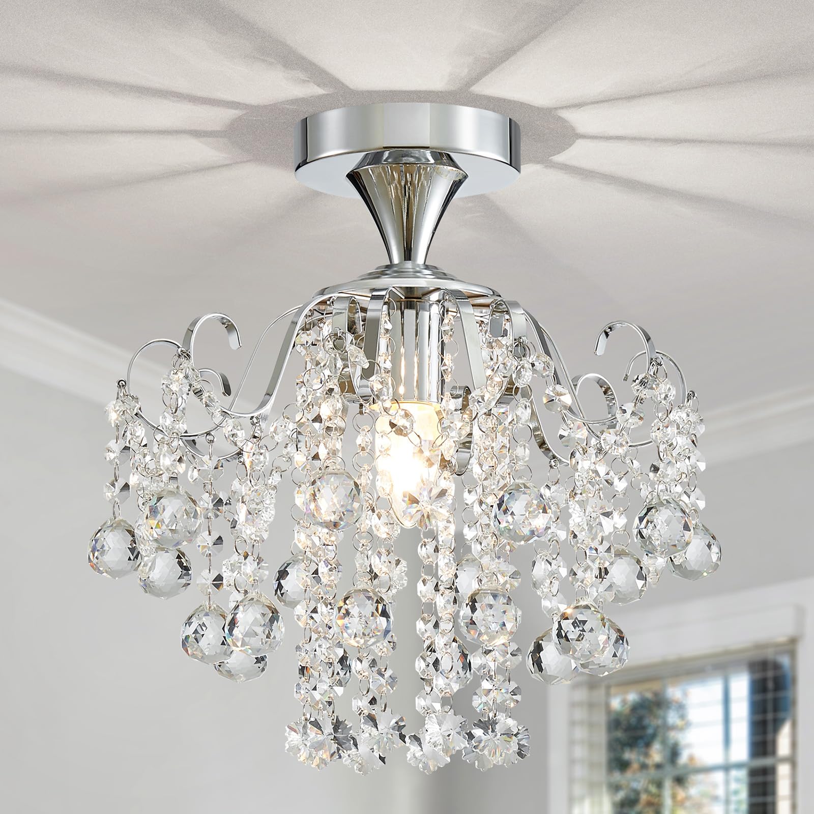 Photo 1 of WUZUPS Crystal Chandelier Flushmount Ceiling Light, Chrome, 13.4" H x 12.6" W