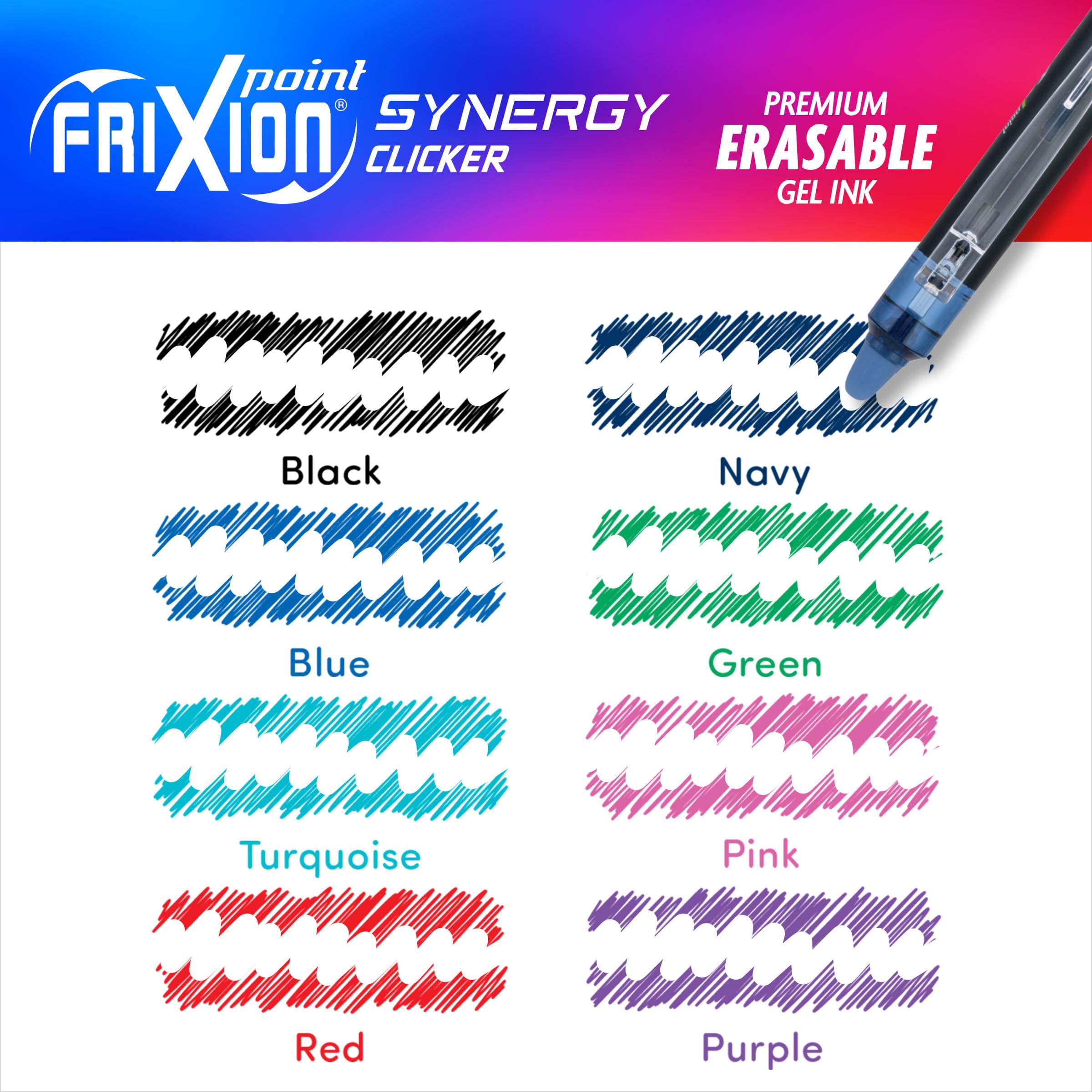 Pilot FriXion Synergy Clicker Lot de 10 stylos à encre gel effaçables, rechargeables et rétractables, pointe extra fine, couleurs d'encre assorties (17481)