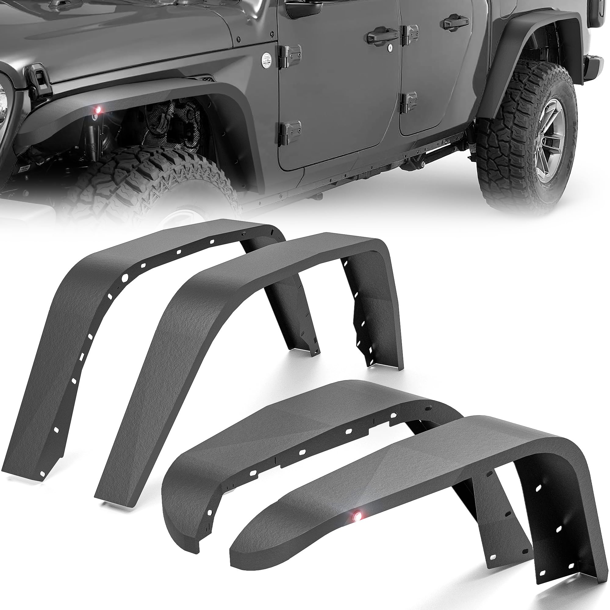 YZONA for Gladiator JT Flat Front and Rear Fender Flares Compatible with 2020-2025 Jeep Gladiator JT with Hawk-Eye Lights, Offroad Heavy Duty Steel Wheel Mud Guard Fenders Kit
