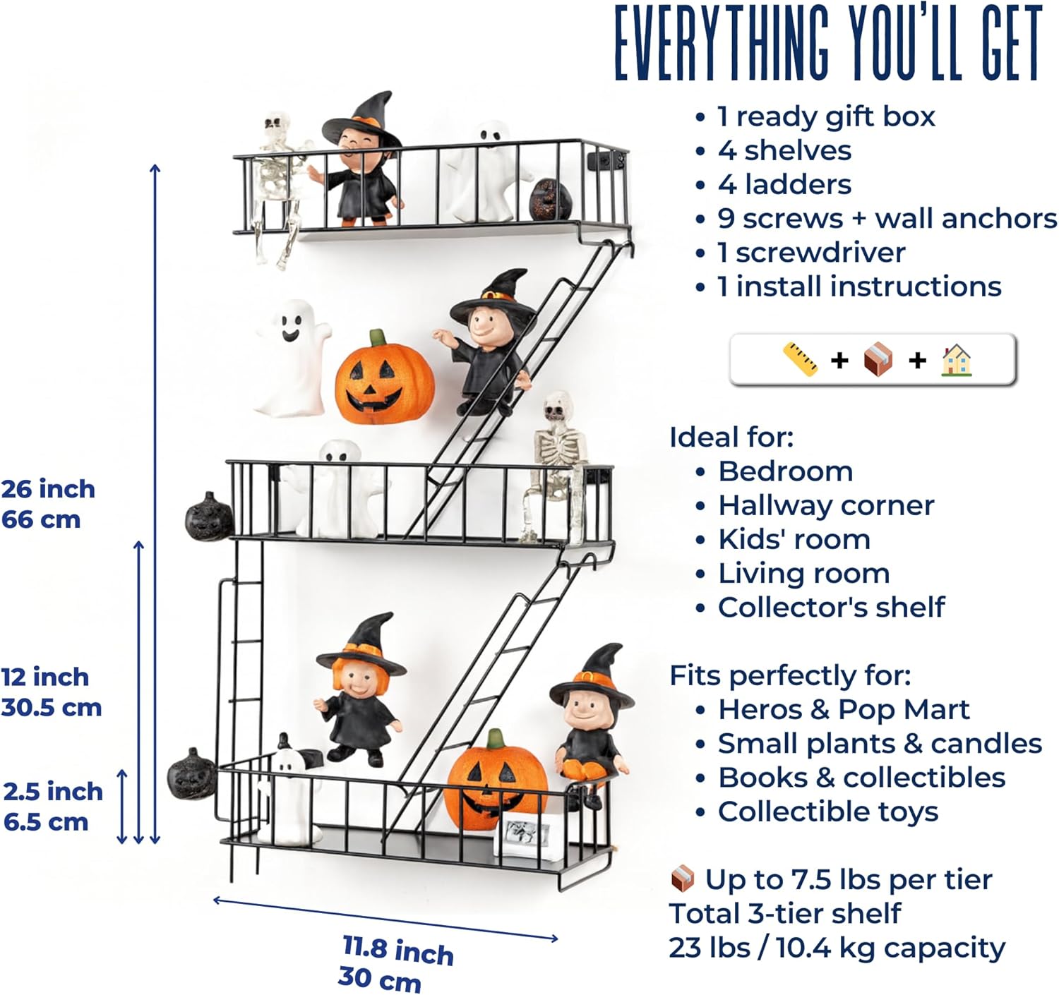 Fire Escape Wall Shelf - New York Decorative Floating Shelf - Wall Art Ladder Shelf - Black Metal Trinket Shelves for Bedroom, Home, Office, Storage and Display (3-Tier)