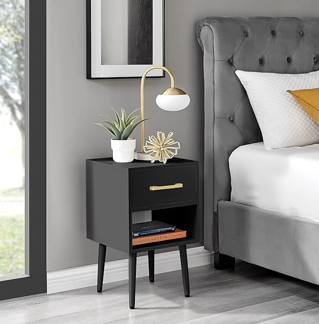 Furniturebox UK Taylor Black and Gold Handle Single Drawer Shelf Storage Tapered Leg Bedroom Nightstand Bedside Table