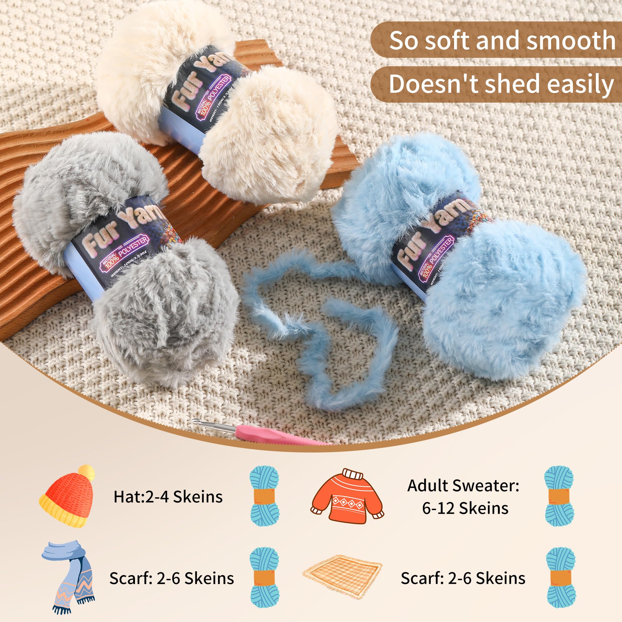 Faux Fur Yarn Soft Fluffy for Crocheting - 2 Skeins(Each 3.5oz/100g, 71yd/65m) - Chunky & Fluffy Yarn for Crochet Amigurumi, Blankets, Hand Knitting, Scarves &Crafts (2, Beige) — view 4