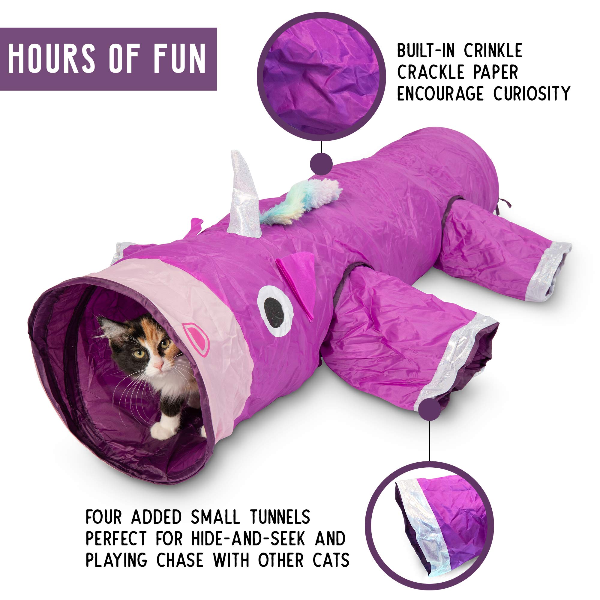 Pet Craft Supply Magic Mewnicorn - Túnel para Gatos con Cuerda de Plumas Arrugadas para Perros, Gatos, Conejos, Gatitos y cobayas para esconderse, Cazar y Descansar