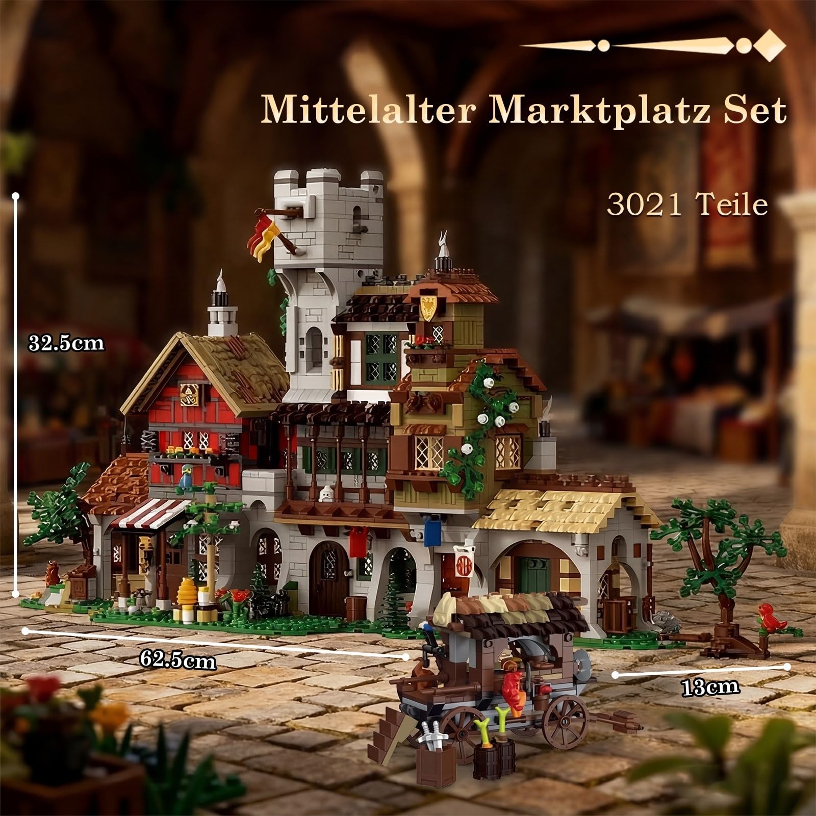 Klemmbausteine Mittelalter Marktplatz - 3021 Teile Mittelalterliche Dorfstraße Modular Buildings, Ritterburg Architektur Bausteine Set für Erwachsene Kompatibel mit Barweer BWR006
