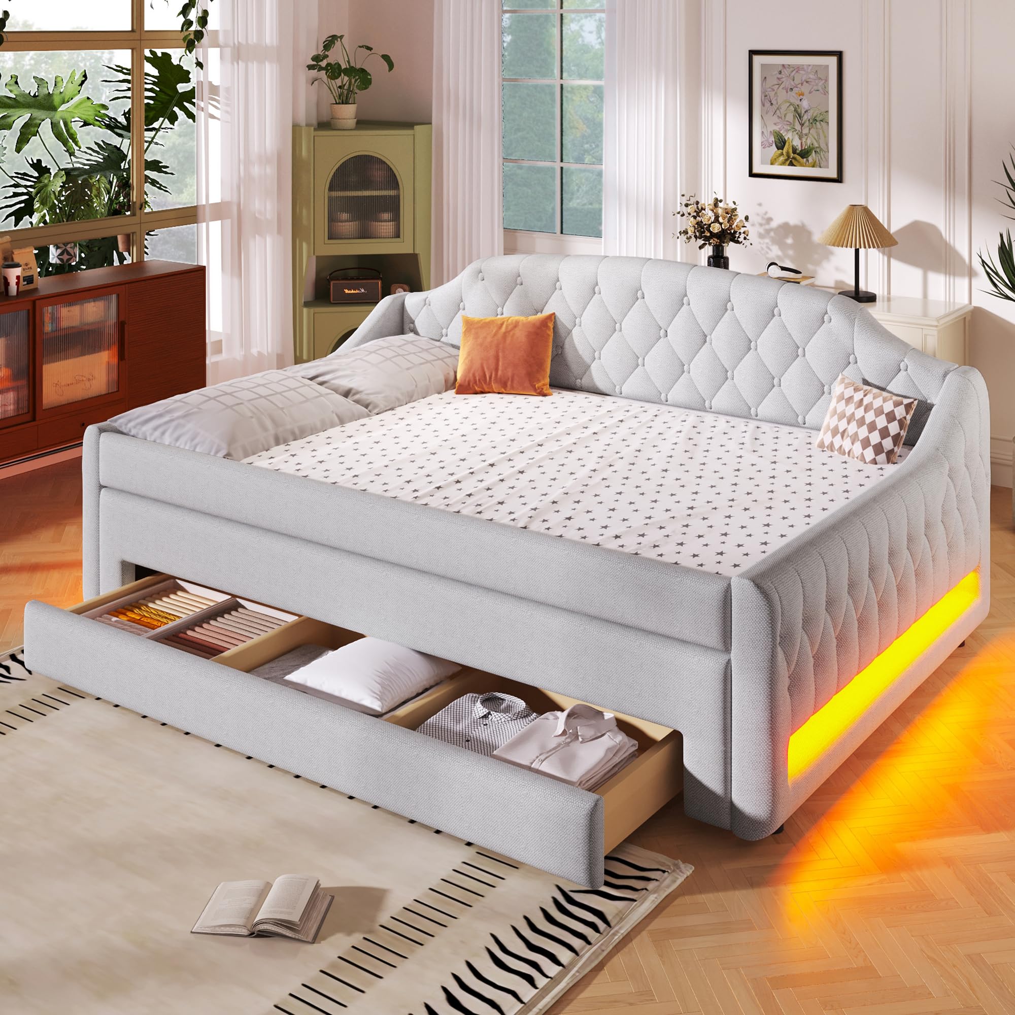 Photo 1 of *** USED/BOX A ONLY***Merax Upholstered Full Size Daybed with LED Lights, Trundle & 3 Drawers, Linen Sofa Bed for Guest Room & Small Spaces, Beige