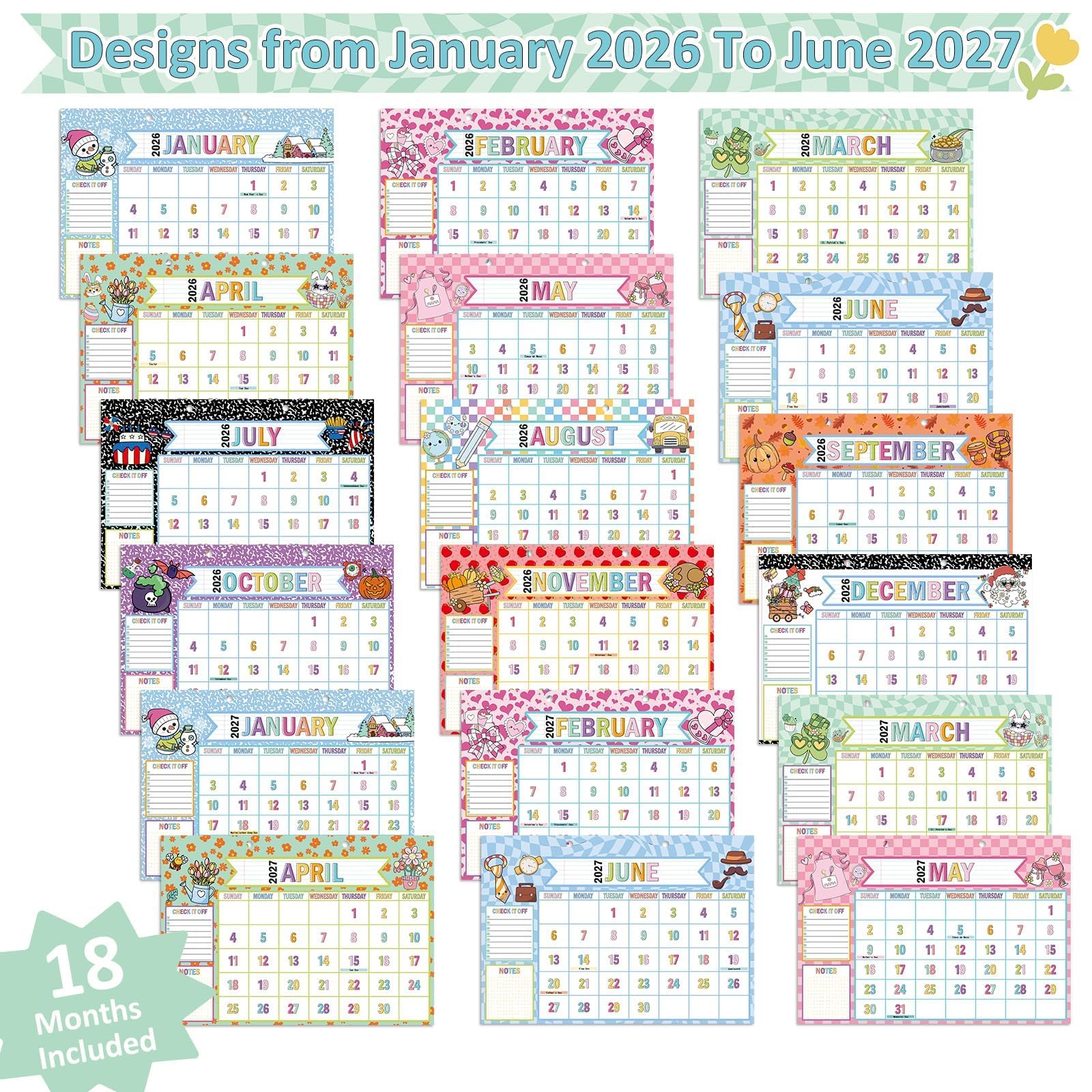 Calendario de escritorio grande 2026-2027, calendario de escritorio de 18 meses, cuaderno de composición a cuadros, decoración de aula, planificador de profesores, calendarios de pared de enero de