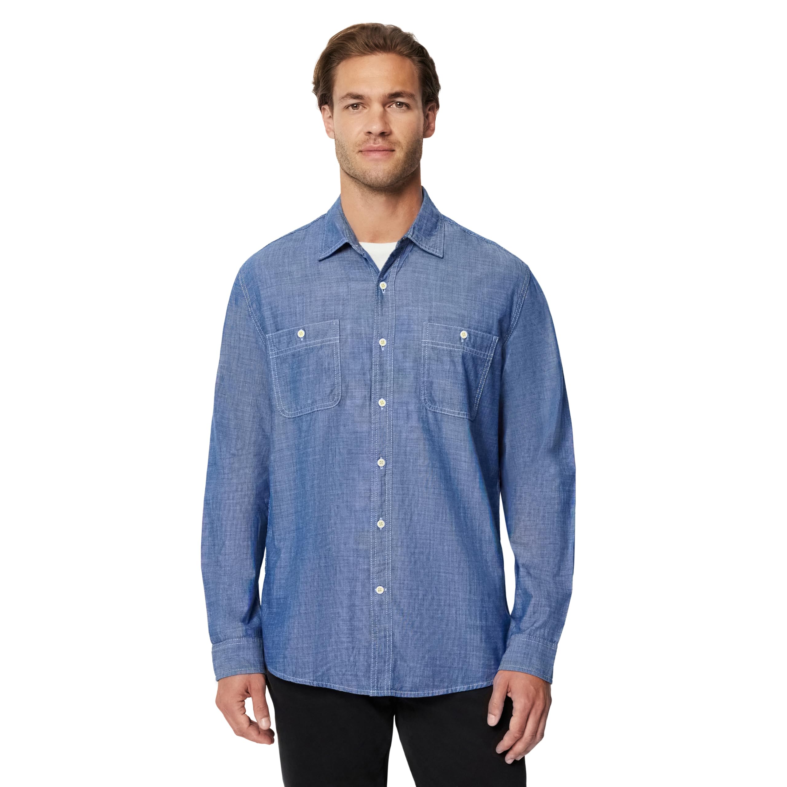 Men's Regular-Fit Long-Sleeve Lightweight Cotton Chambray Shirt with Pockets