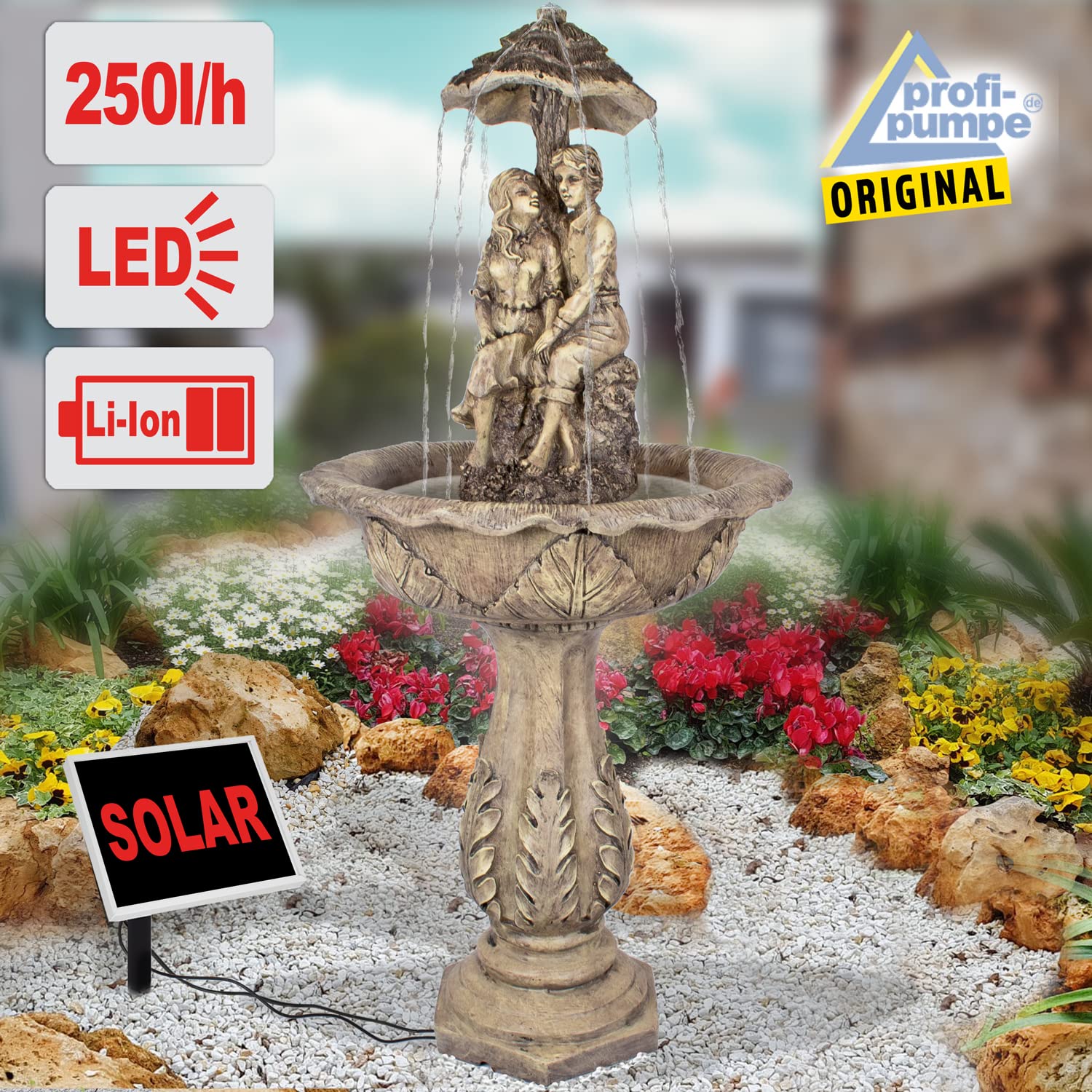 Fuente Solar para jardín, Fuente Solar, Cascada, lámpara de jardín, Bomba para Estanque, para terraza, balcón, con Bombas, con batería de Litio y luz LED