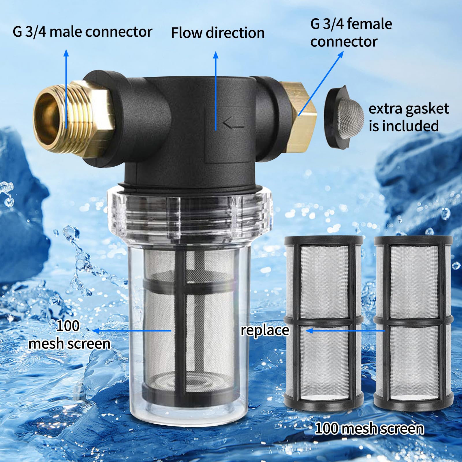 Gartenschlauch Filter 3/4", Vorfilter für Gartenpumpen und Hauswasserwerke Pipeline Filter Down-Sediment-Wasserfilter Pumpenvorfilter für Gartenbewässerung Pool (mit 100-Mesh-Filter *3)