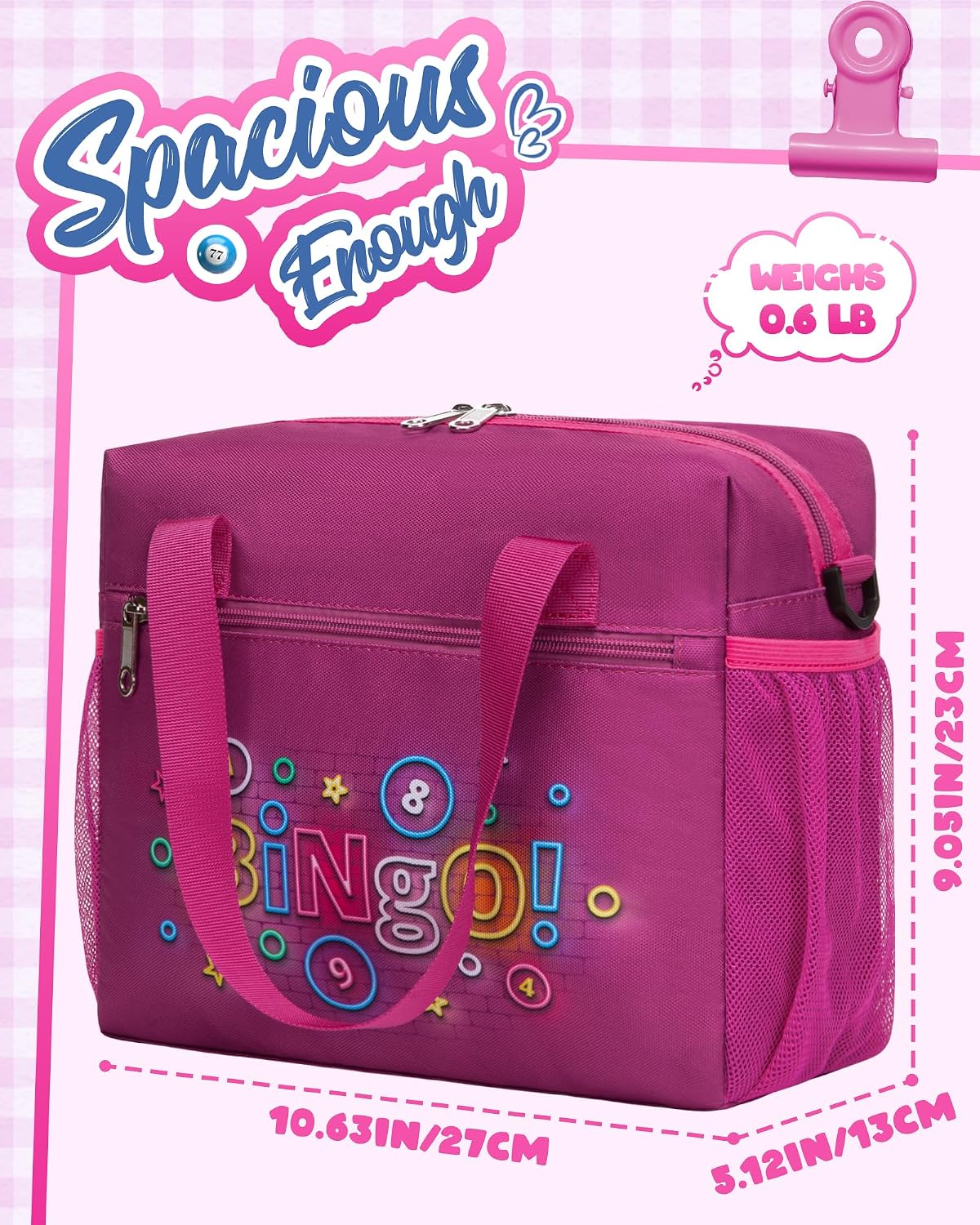 Bingo Bag for Daubers Dabbers Dobbers Dotters Water Resistant Bingo Accessories Bag with Pockets for Adults Seniors (Magenta) image 4