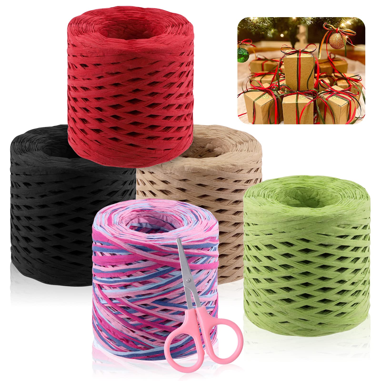 Mardatt 2Pcs Raffia Paper Ribbon with Scissors, 218 Yards/200M Natural Raffia Paper Twine Wrapping Raffia Ribbons Florist Bouquets Decoration for DIY Crafts Wedding Packing (Red and Navy Blue)