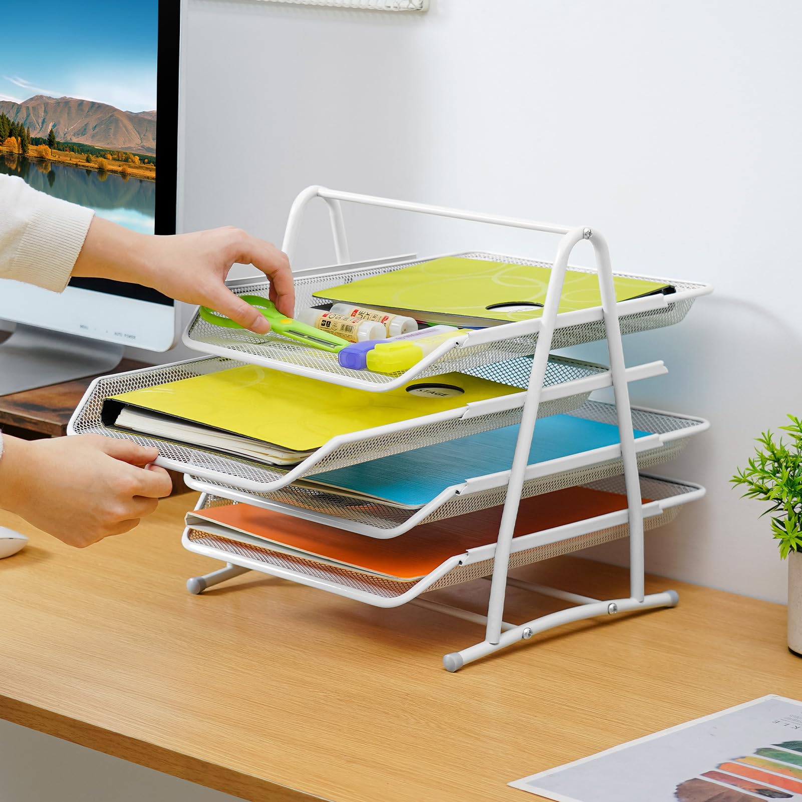 Marbrasse Organisateur de Bureau Plateau Documents,Dossier A4,Caisson de Bureau,Classeurs,Bureau d'Ordinateur,Matériau en Maille Métallique (Blanc)