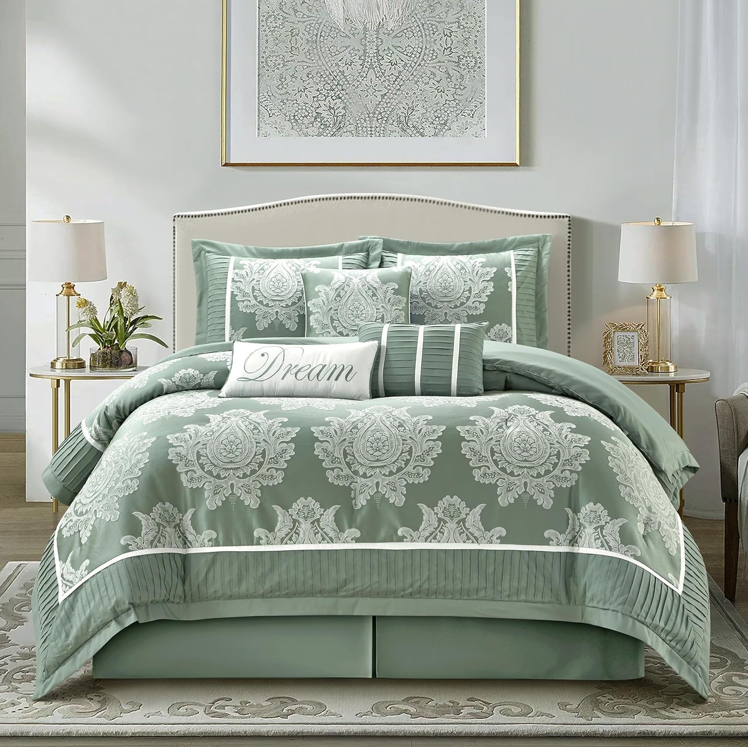 Grand Avenue Beige Comforter Set Queen, Elegant Patchwork Damask Jacquard Bedding Set, 15 Pieces Room in a Bag, Matching Bedskirt, Flat Sheet, Fitted Sheet, Pillow Shams, Curtains