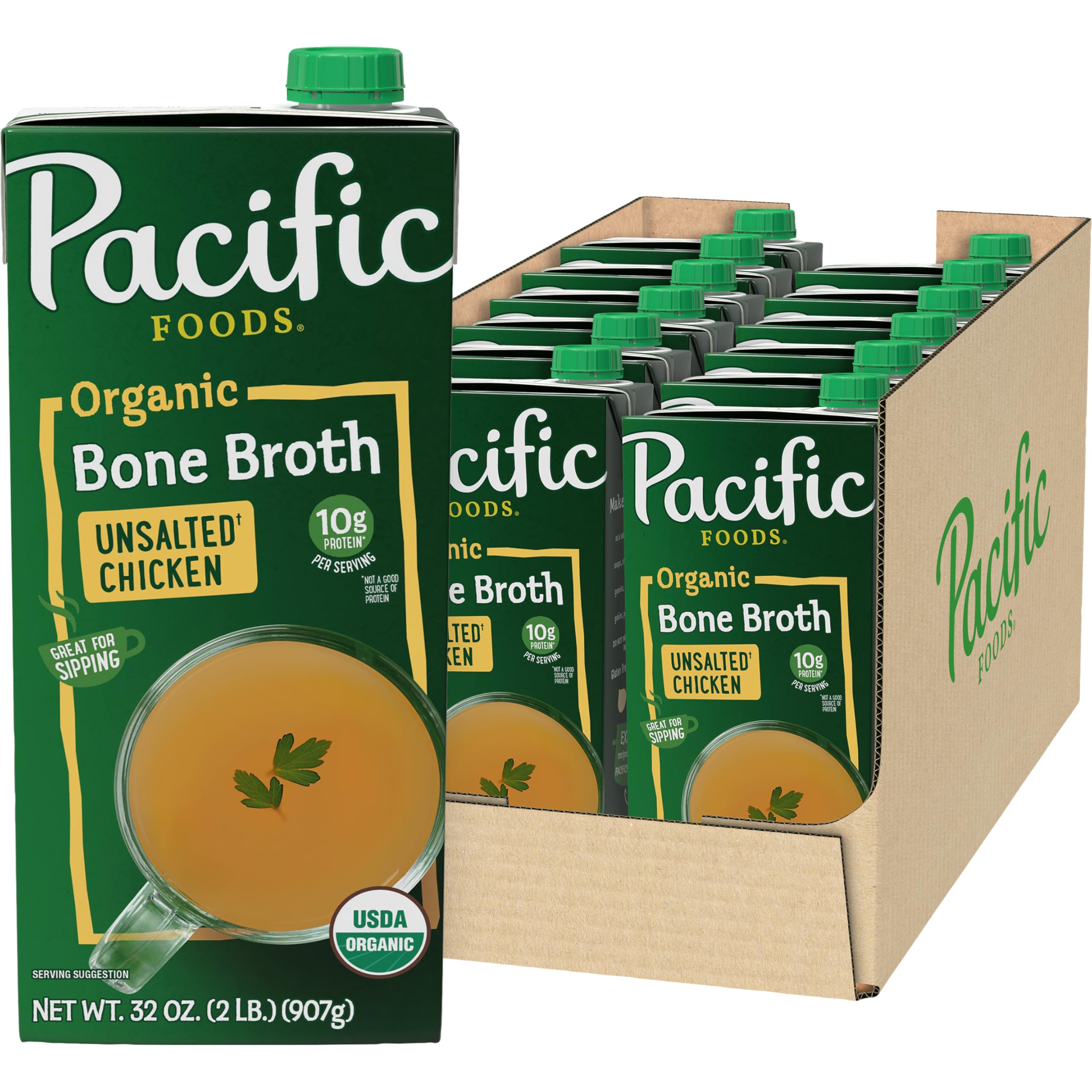 Pacific Foods Organic Unsalted Chicken Bone Broth, 32 oz Carton (Pack of 12)
