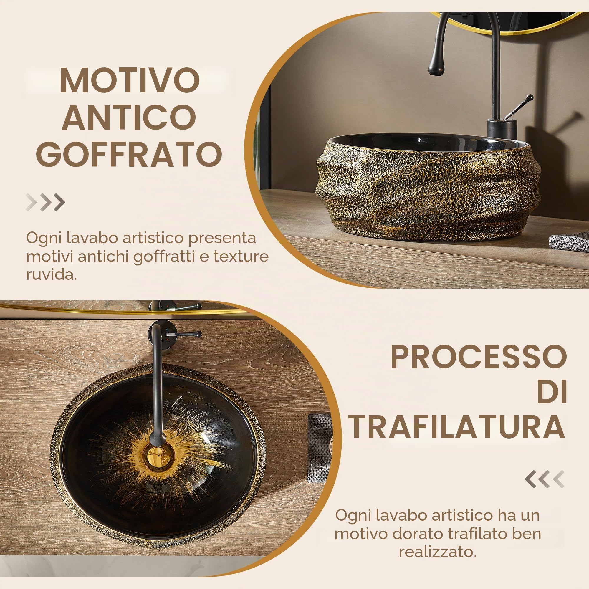 MEJE 45 x 40 x 16,5 cm Lavabo artificiale, Ovale, Superficie in rilievo, Dorato vintage, Lavabo da piano di lavoro, Ceramica (compreso scarico pop-up)
