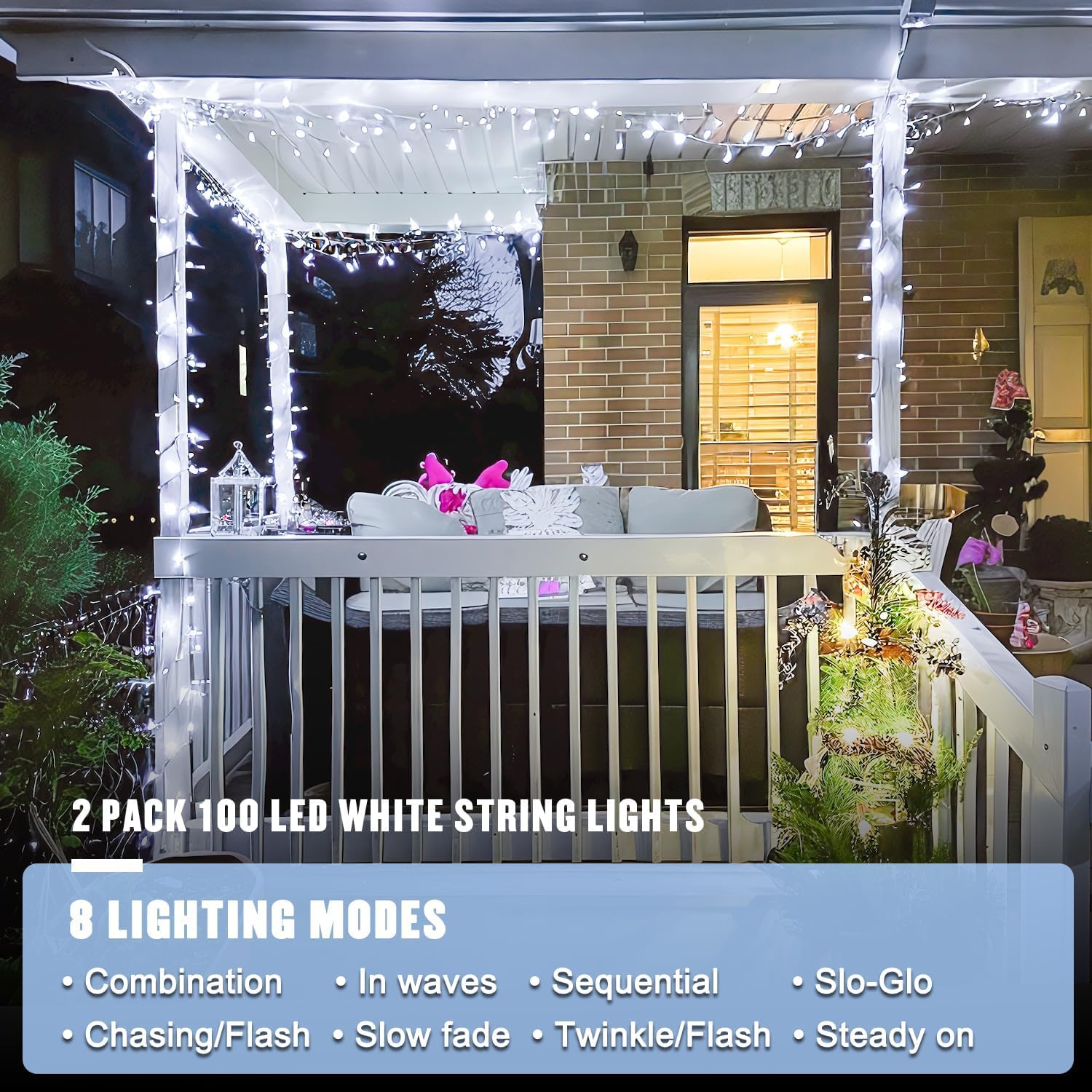 Paquete de 2 100 luces LED blancas de Navidad para interiores, 33 pies, 8 modos, tira de luces blancas para interiores y exteriores, conectables, alambre transparente, luces de Navidad para 3