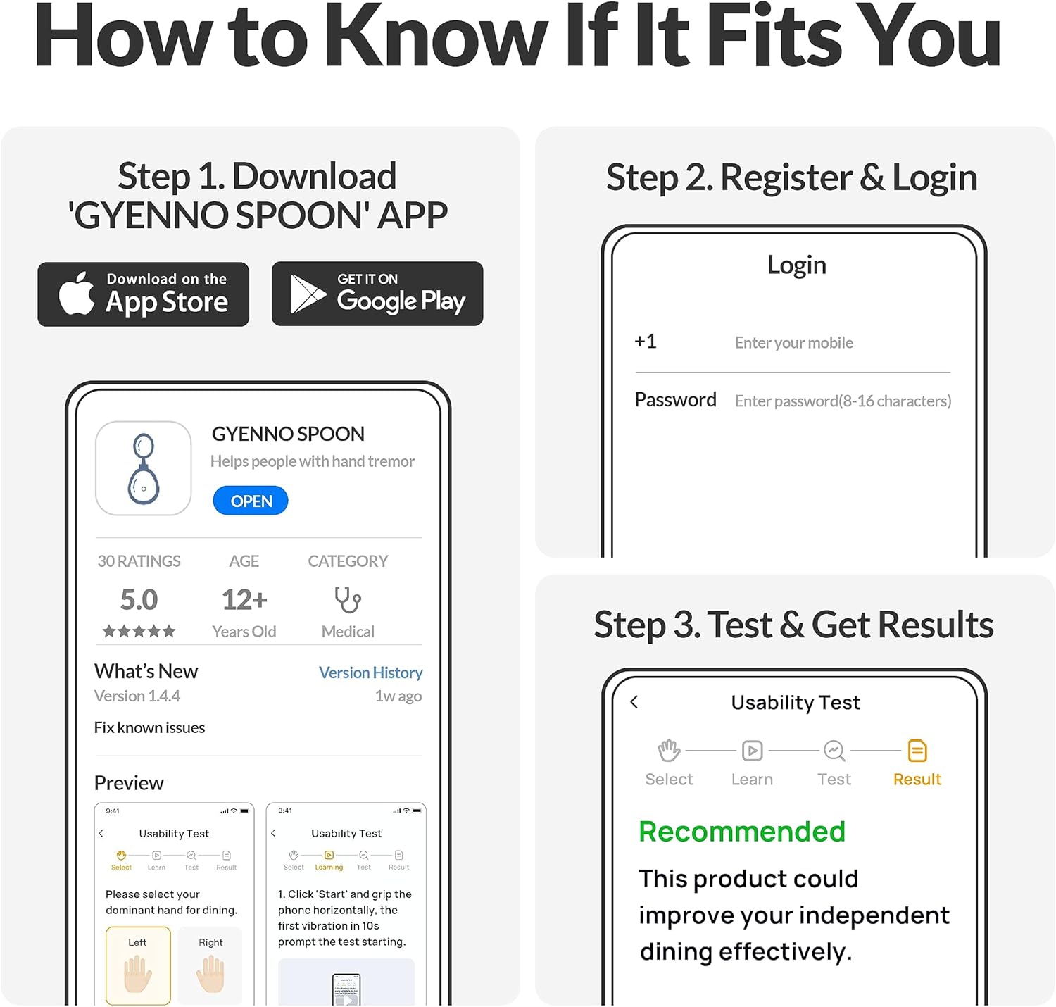 Screenshots of the GYENNO SPOON app showing download options, login screen, and usability test results.