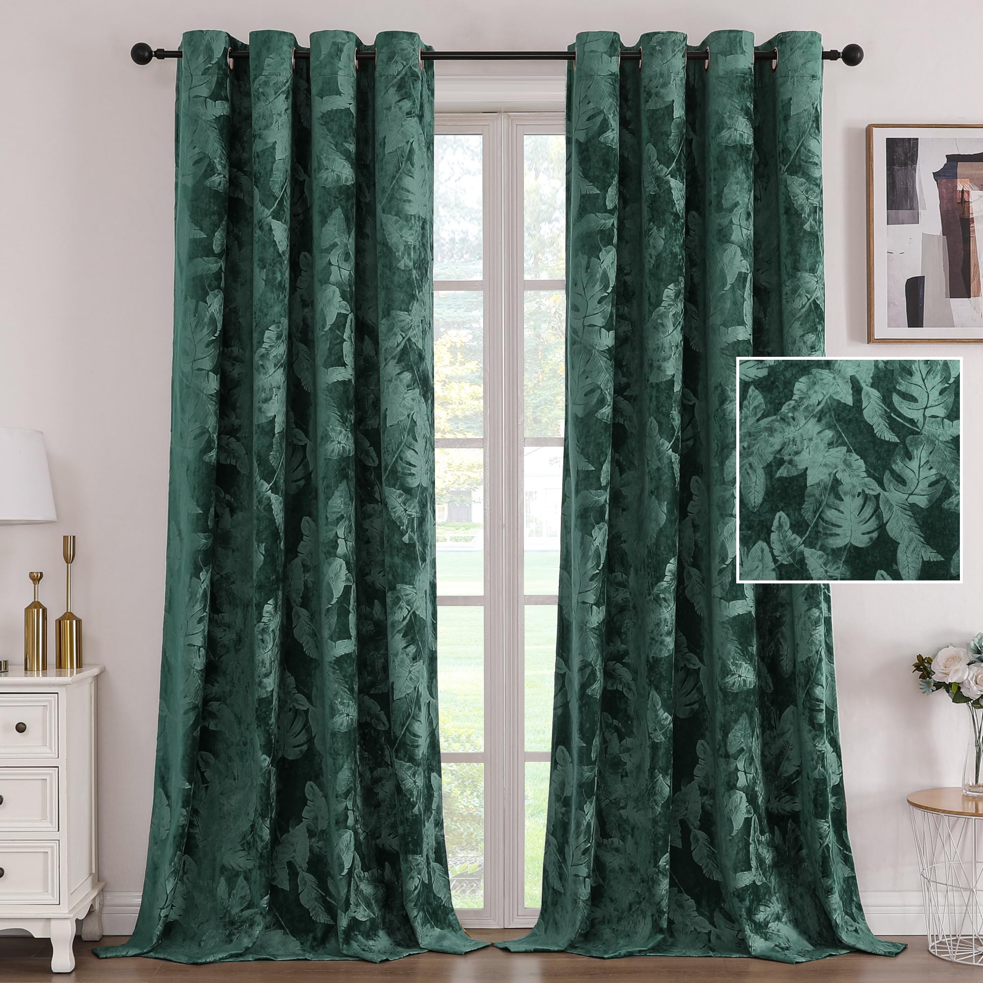 H.VERSAILTEX Velvet Curtains for Bedroom Room Darkening Super Soft Velvet Drapes for Living Room Thermal Insulated Leaf Pattern Window Treatment for