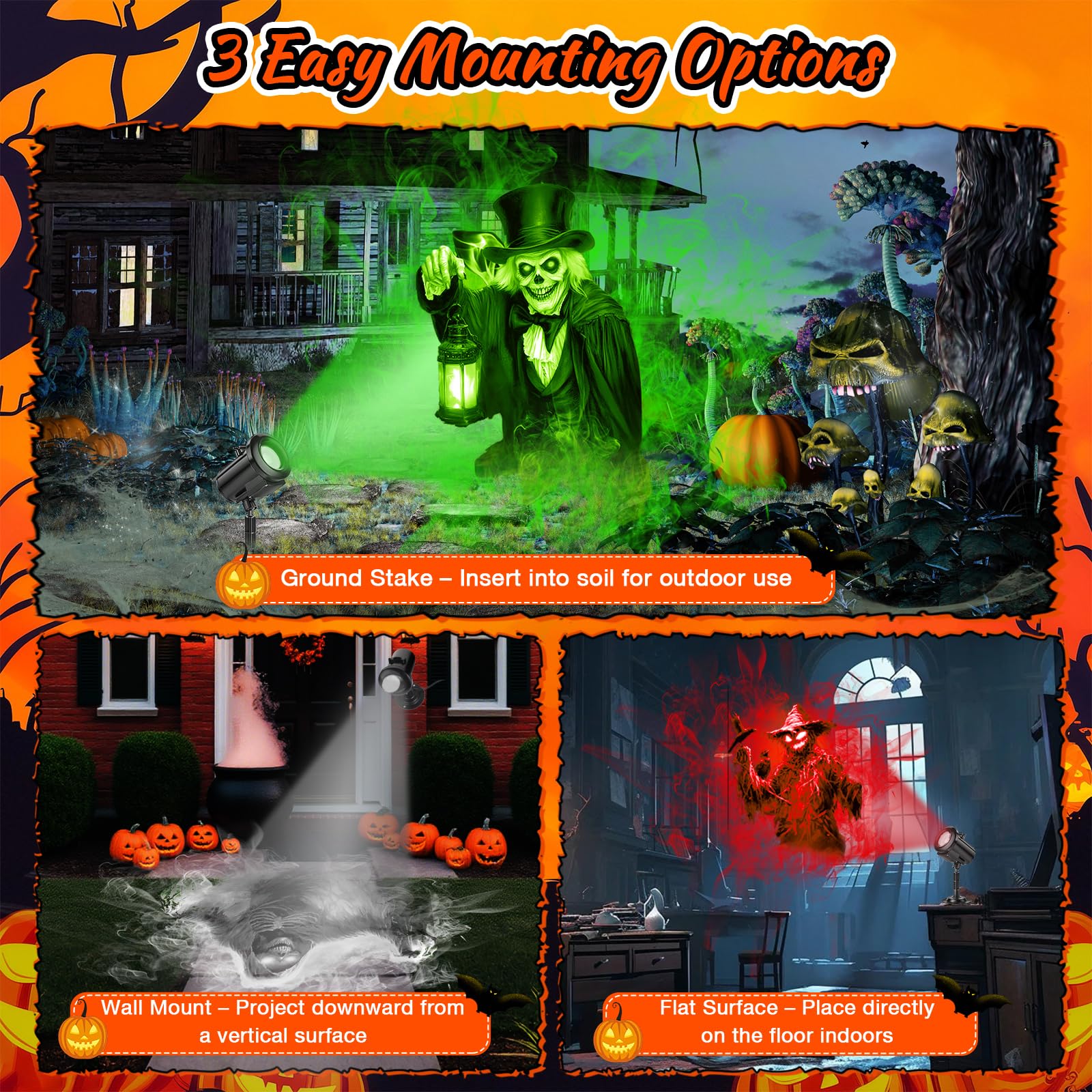 Projecteur de Noël à 12 motifs d'Halloween et de Noël, lumière de décoration dynamique 3D avec 4 couleurs, étanche, projecteur holographique pour fenêtre de maison, décoration de vacances (Halloween