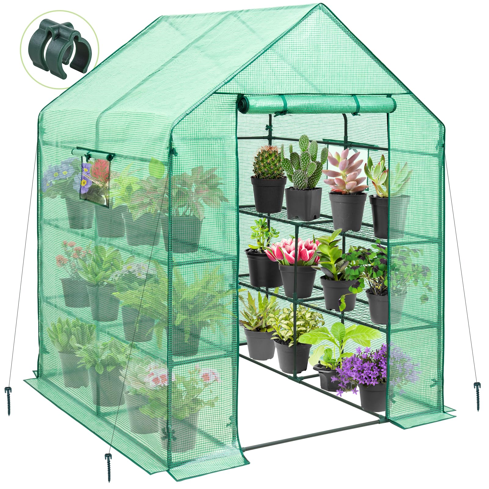 EAGLE PEAK Walk in 3-Tier Greenhouse with Wire Shelves, Portable Indoor and Outdoor Green House with Roll-Up Zippered Door & 2 Roll Up Windows, 8