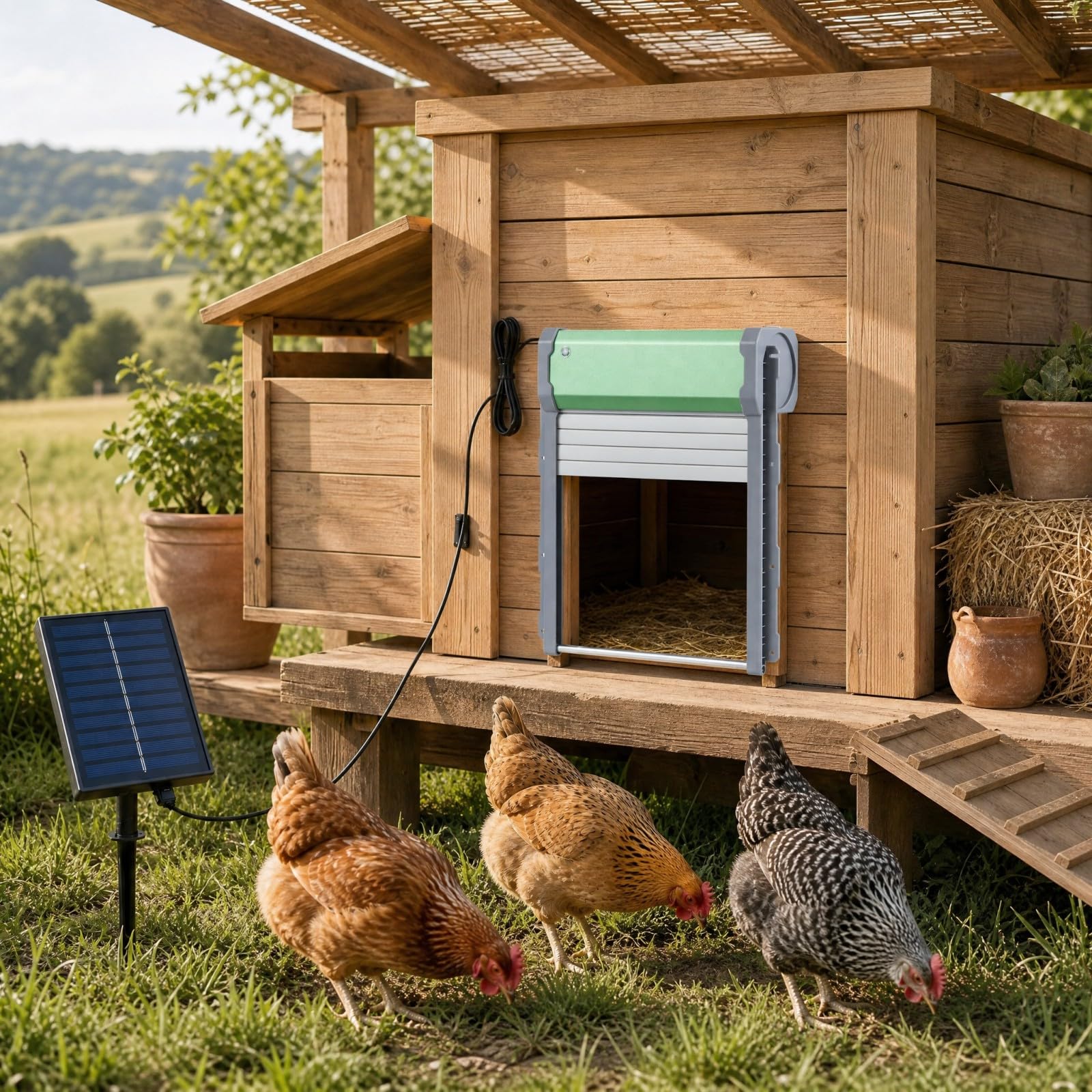 GYMAX Puerta Gallinero Automatica Solar con Control Remoto de 40 m, Puerta de Pollo Automática con Temporizador, Sensor de Luz, Modo Manual a Botón, Batería Recargable y Panel Solar para Exterior