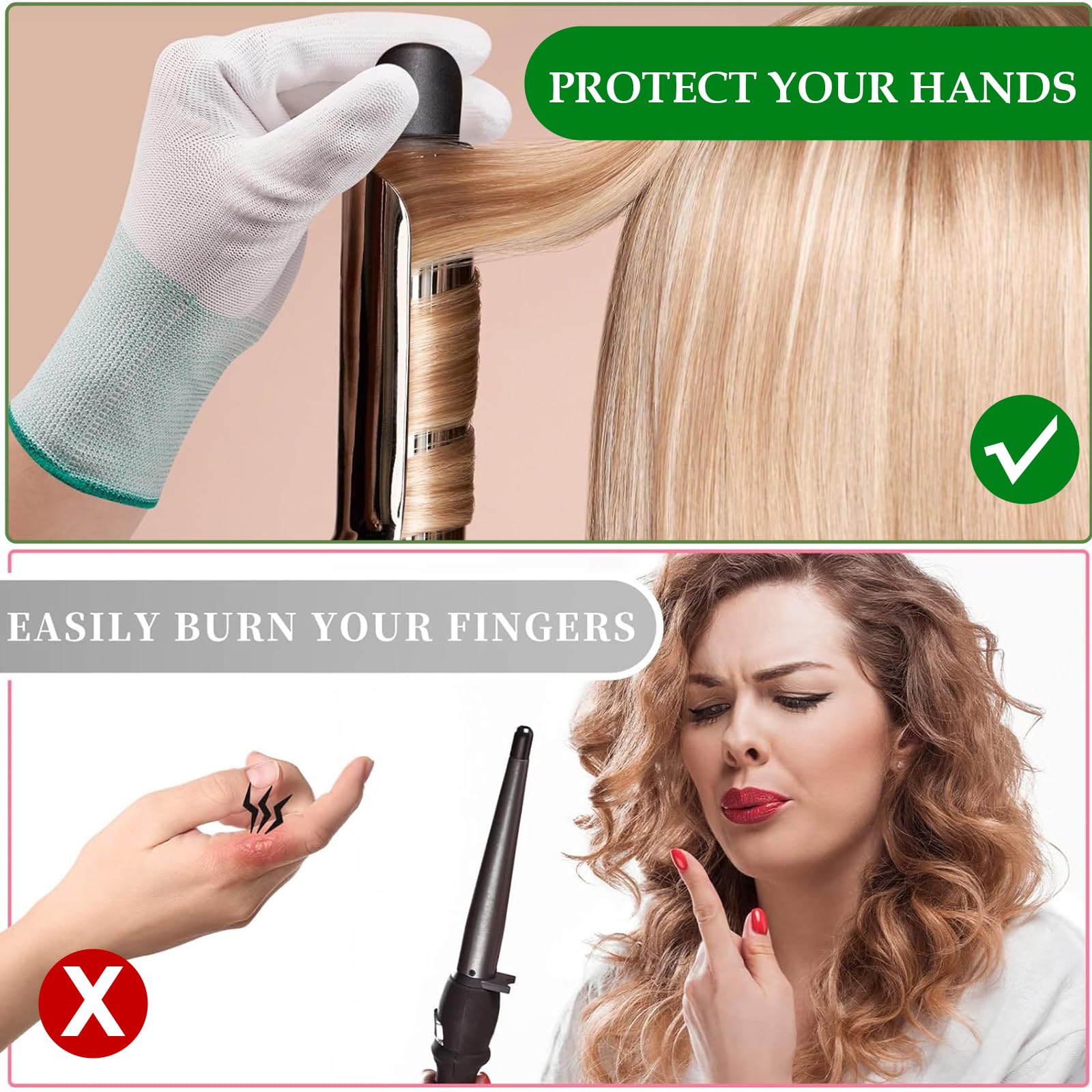 Gants Anti-Chaleur Résistants pour Coiffure – Protection Thermique pour Bigoudis, Fer à Lisser et Curling – Lot de 2 Gants (Rose et Vert) – Sécurisés et Confortables