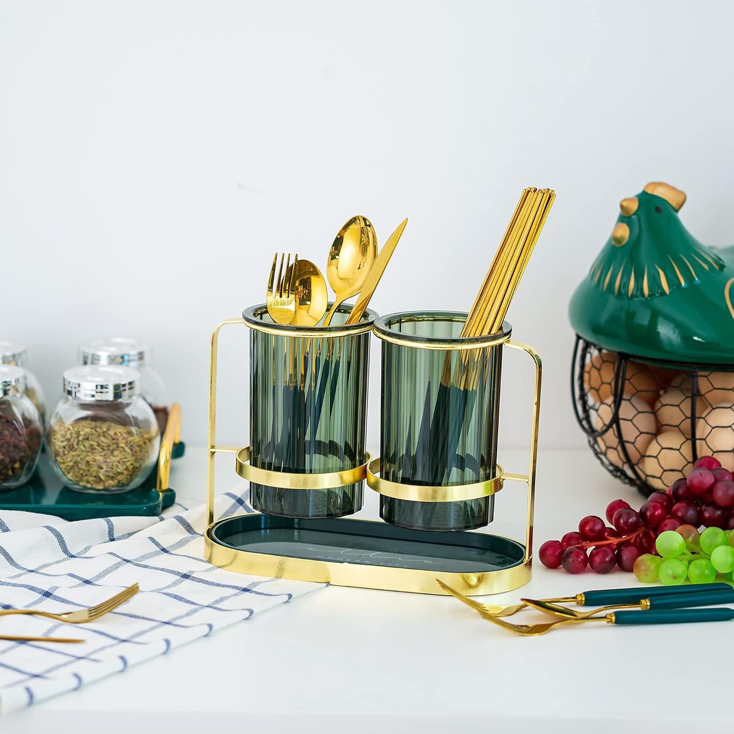 Kitchen Utensil Caddy Plastic Draining Chopstick Spoon Cage Silverware Caddy For Party Utensil Holder Countertop Gold &Amp; Green 9 Kitchen Utensil Caddy Plastic Draining Chopstick Spoon Cage Silverware Caddy For Party Utensil Holder Countertop Gold &Amp; Green