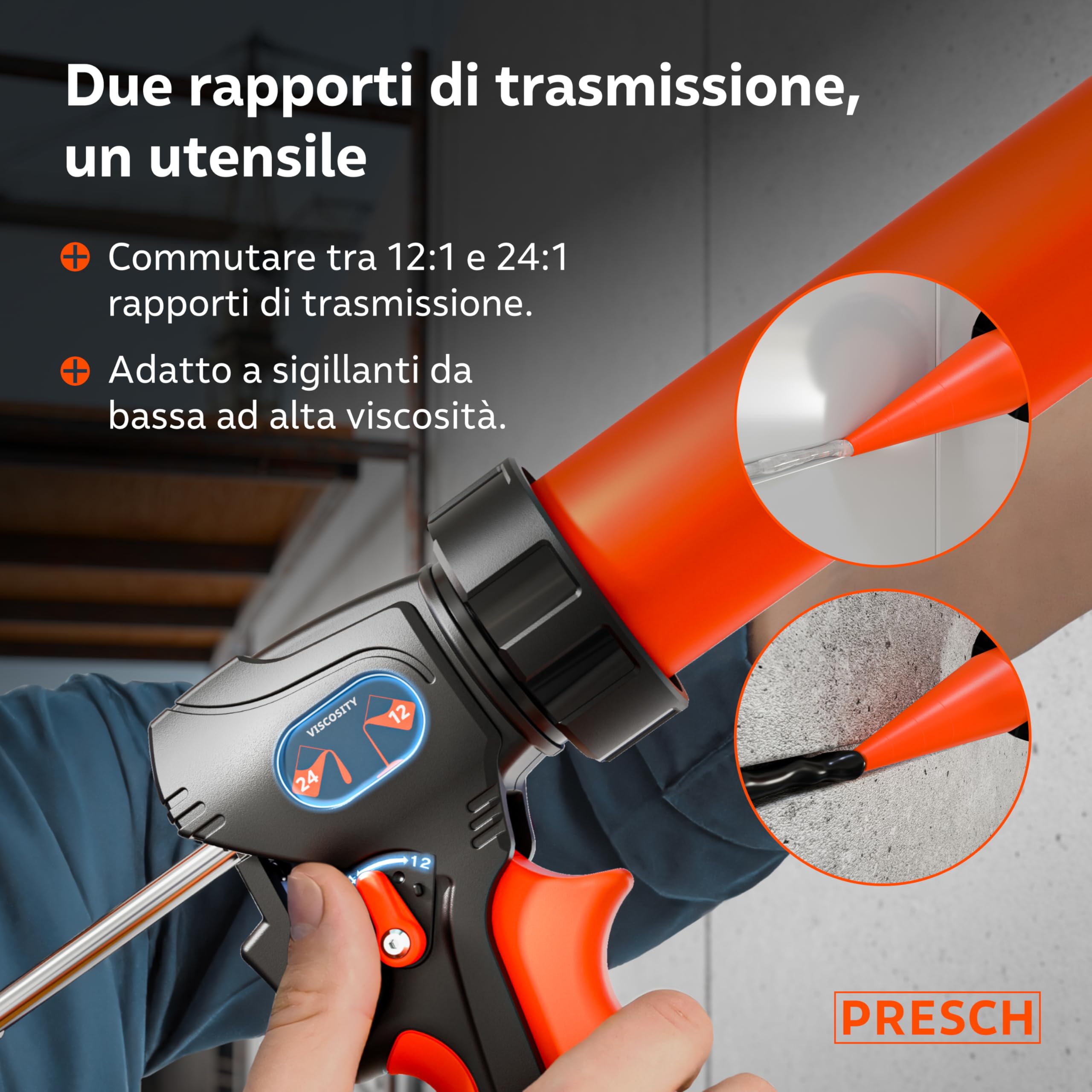 Presch Pistola Silicone 600ml con 2 ugelli – Rapporto 24:1 & 12:1 per sigillanti e adesivi (acrilico) – Pistola per sacchetti girevole 360° con impugnatura antiscivolo