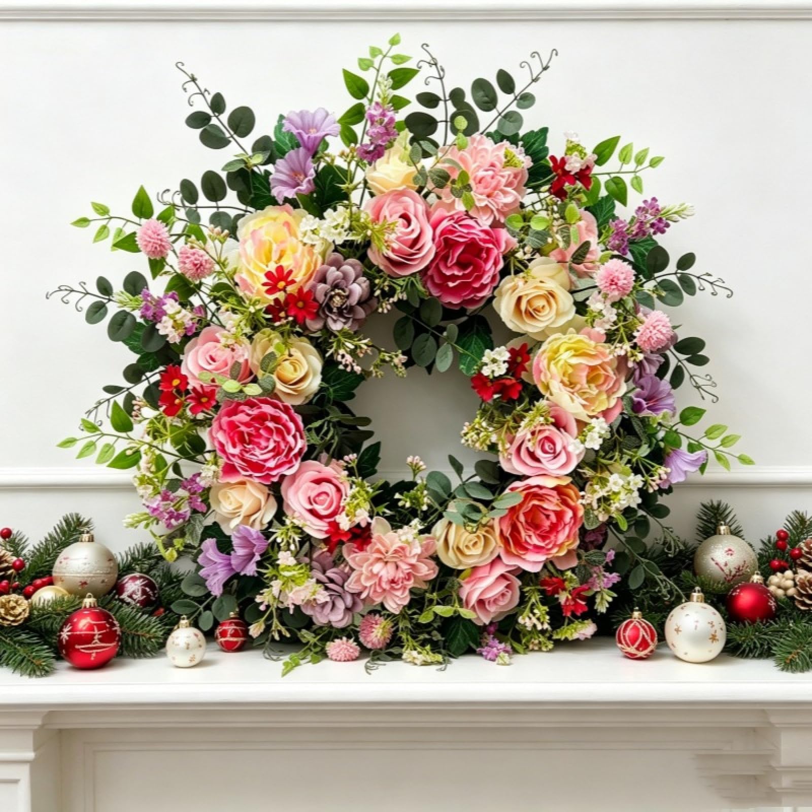 Künstlicher Rosenkranz mit Rosen Pfingstrose und Eukalyptus, 45 cm Frühlings- und Sommerkranz, für Garten, Eingangstür, Fenster, Hochzeit, Party, Festival, Weihnachten