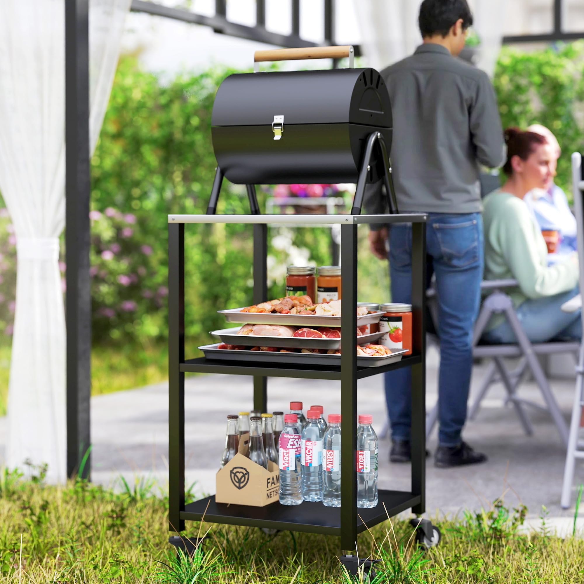 Outsunny Grillwagen 3-Etagen Grilltisch mit Edelstahl Arbeitsfläche Rollen mobiler Servierwagen Outdoor Beistelltisch Grill Trolley für BBQ 50 x 50 x 90 cm Schwarz