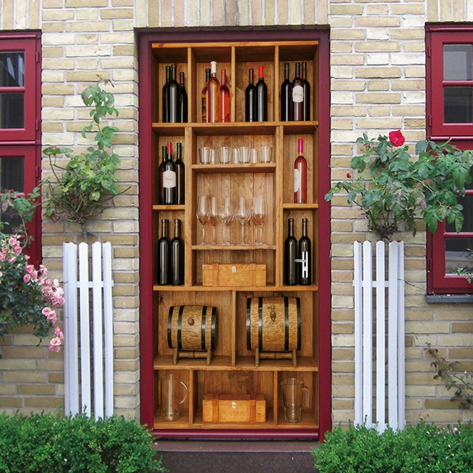 A.Monamour Adesivo Porta Autoadesiva 3D Portaoggetti In Legno Con Bottiglie Di Vino E Bicchieri Vinile PVC Adesivi per Porte Interne Pellicola Adesiva Poster Murale Parete Carta da Parati 77x200cm