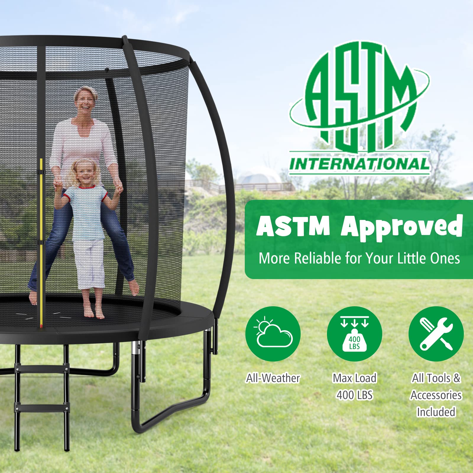 GYMAX 8FT 10FT 12FT ASTM Approved Recreational Trampoline With Enclosure, Ladder & Galvanized Steel Frame, Heavy Duty Anti-Rust Outdoor for Kids Youth Adults (Black, 8FT)