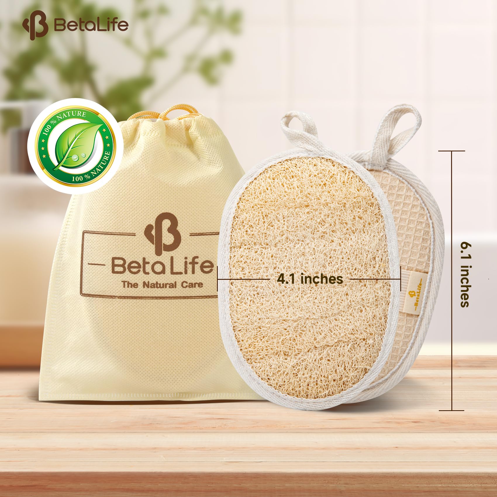 Betalife Esponja exfoliante natural de lufa (2 unidades), fabricada con luffa natural y ecológica para mujeres y hombres