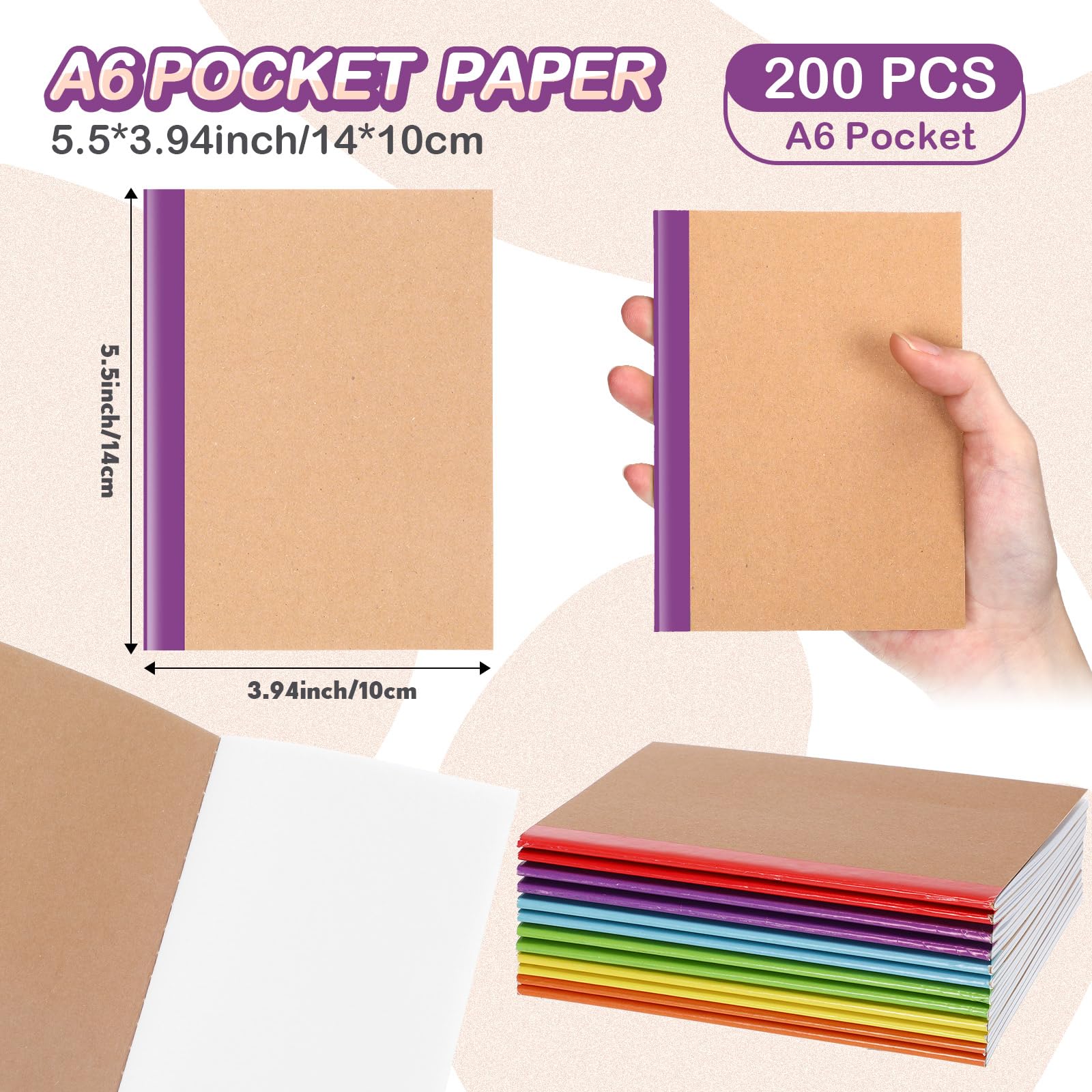 Sherr 200 sztuk zeszytów typu kraft A6, pusty, bez podszewki, pamiętniki z papieru kraftowego, szkicowniki dla podróżników, artykuły biurowe, 10 x 14 cm (kolorowa krawędź, brązowy)