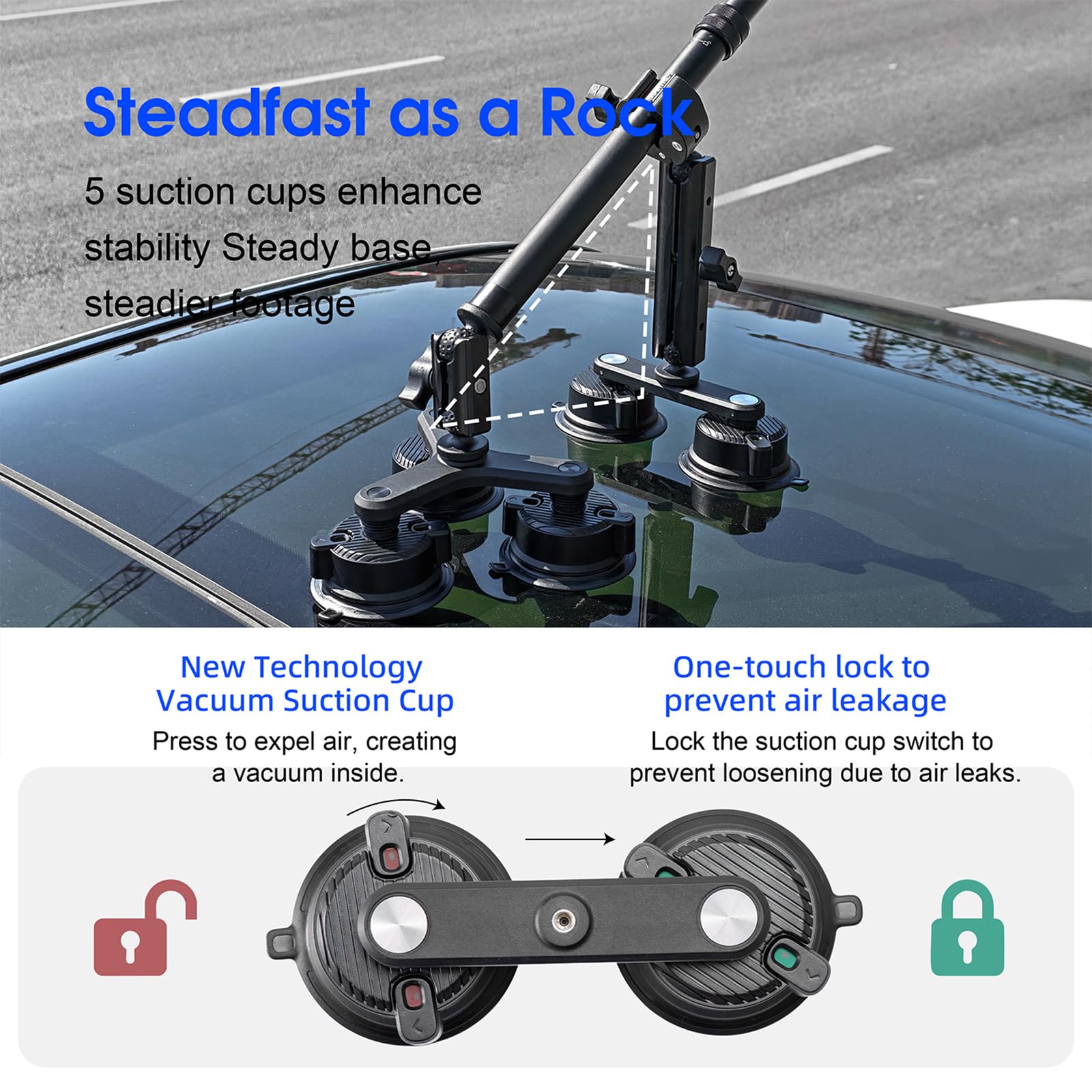 Soporte de ventosa para coche Penta para Insta 360 X5 / DJI Osmo Action 6 / GoPro Hero 13 accesorios aluminio 110 cm extensible Selfie Stick 10 en 1 Kit de montaje de succión para X4 Air/Osmo 360