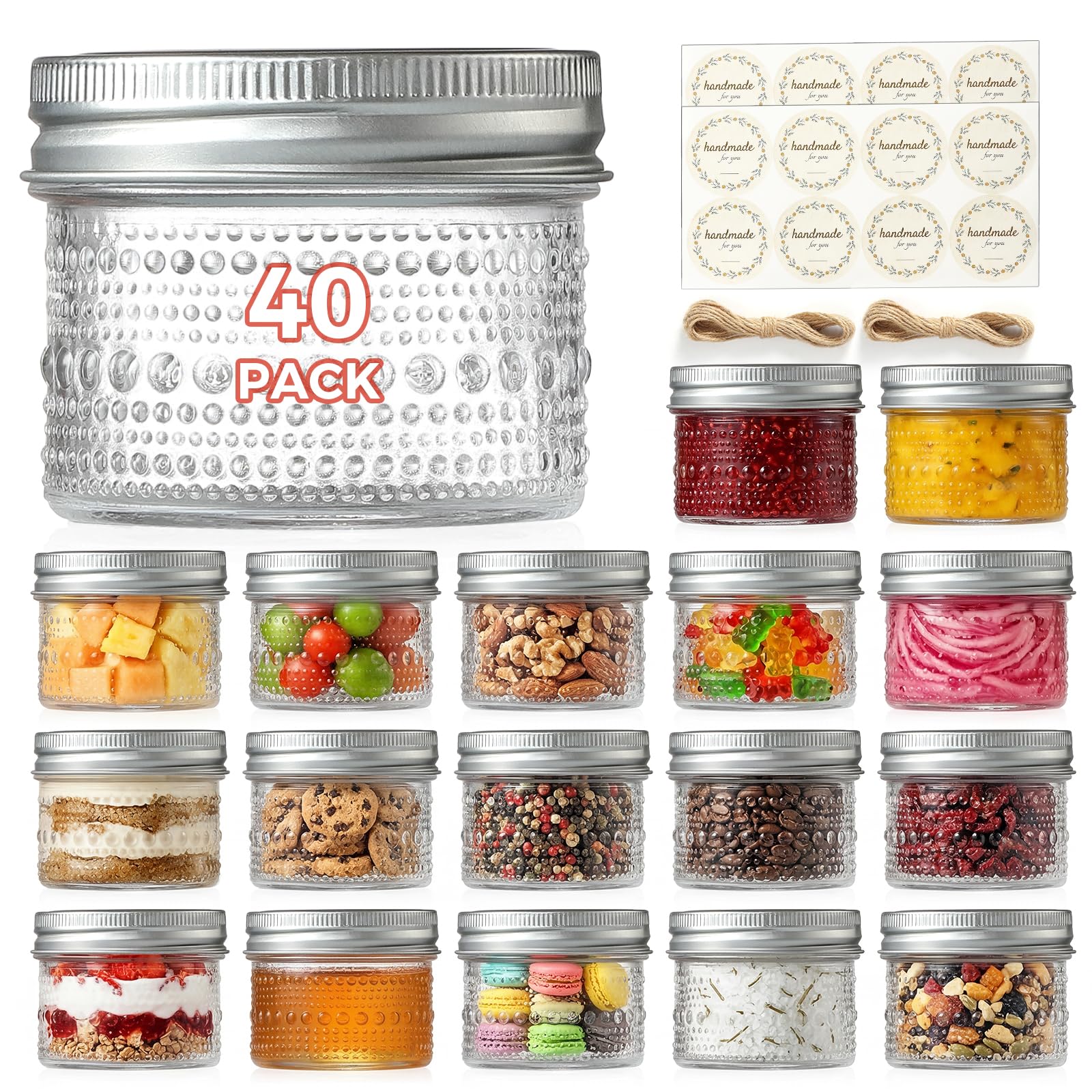 Photo 1 of 40 Pack Small Glass Jars with Lids - 4oz Vintage Embossed Mini Mason Jars ,Regular Mouth Mason Canning Jar with Seal Bands for Jam, Honey, Jelly, Dessert, Spice, Wedding Favors, DIY Candles Decor