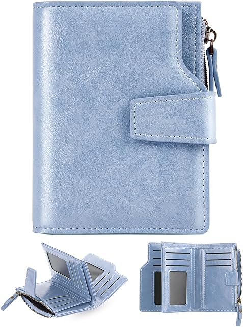 GSG Womens Purses Small Leather Wallets Bi-fold RFID Blocking Card Case Purse with Zipper Pocket Blue