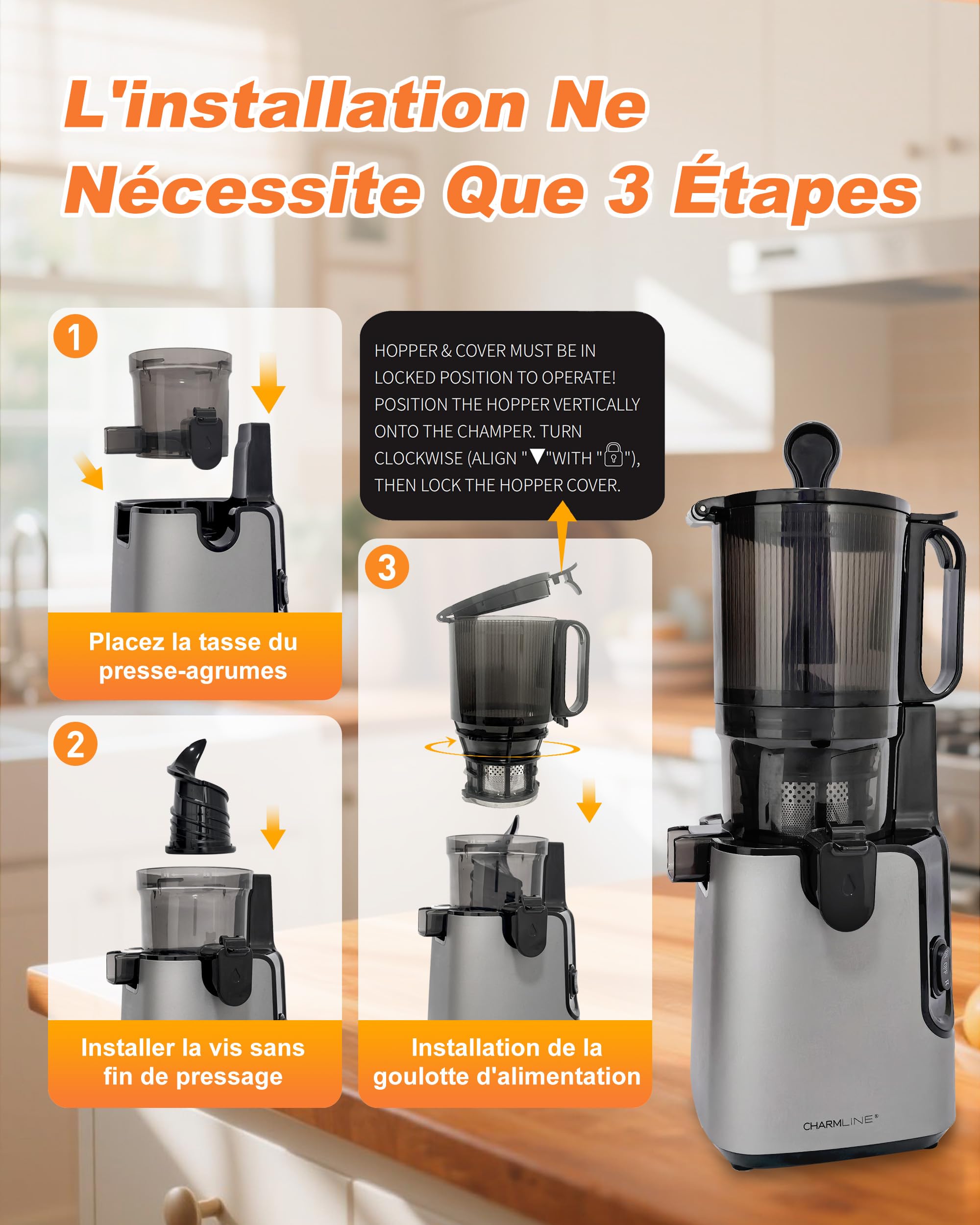Charmline Extracteur de Jus de Fruits et Légumes avec Goulotte d'Alimentation de 130mm, Facile à nettoyer, Grande capacité de 1,8 L