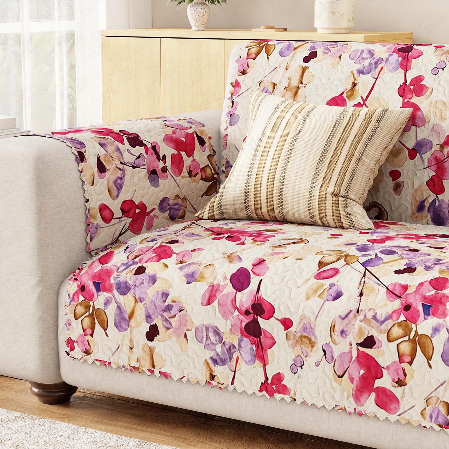 Lukzer 3 Seater Sofa Cover Quilted Reversible WaveEdge Ultrasonic Cut Sofa Mat with Back and Hand Rest Covers - Royal Petals - Washable Sofa Protector for Modern Living Room 180 x 150 CM/SC-219-03WB-image-35