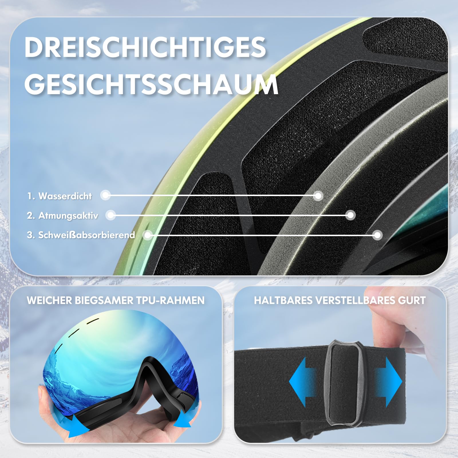 DADA-PRO Skibrille Herren Damen Ski Brille 100% UV Schutz Anti Fog Helmkompatibel Rahmenlose Skibrille für Brillenträger OTG Ski Goggles Snowboard Brill