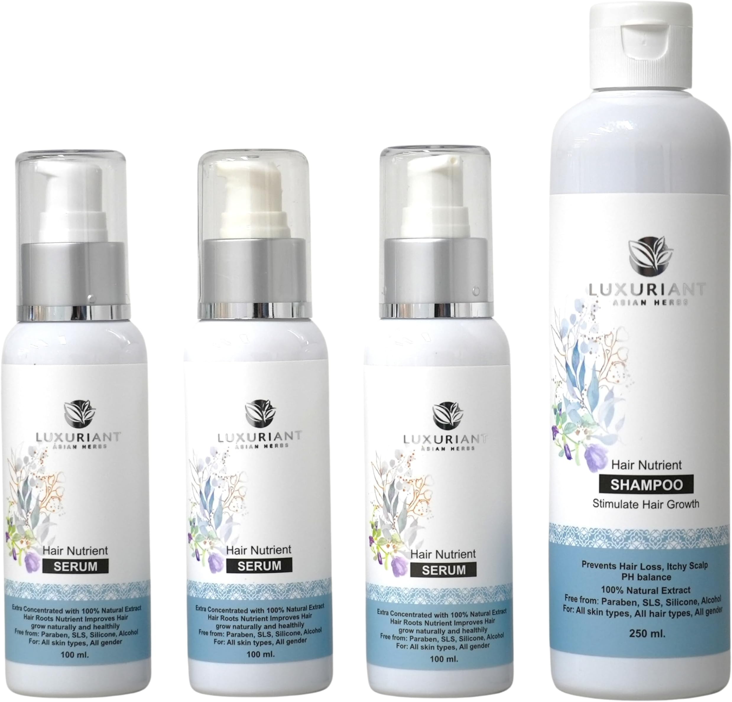 Hair Growth Shampoo & 3 Serums Set | Promote Healthy Hair Growth | Anti-Dandruff, Hydrating, and Thickening Solutions | For All Hair Types (1 x 250 ml / 3 x 100 ml)