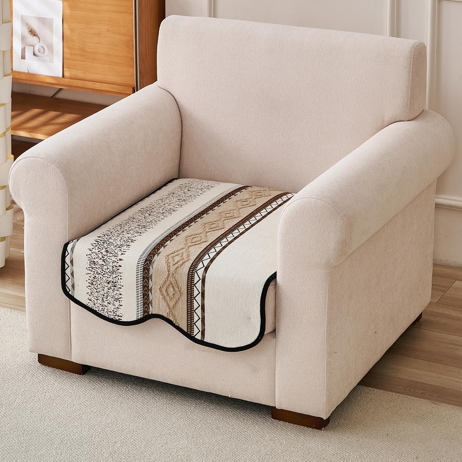 hokipo bohemian jacquard weave sofa cover mat for 1/2/3 seater & l shape sofa | anti-slip diy sofa cover set | 'valenca wavy luxe series' | 90(w) x 60(l) cm | earth brown (ar-6544-brn)