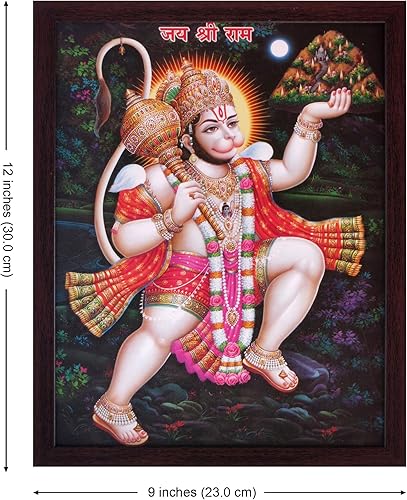 Miniatura 2 de Tienda de artesanías Hanuman Levantamiento Medicinal Drongairi Montaña y Volar Sobre el Río, una pintura de póster religioso hindú sagrado con marco