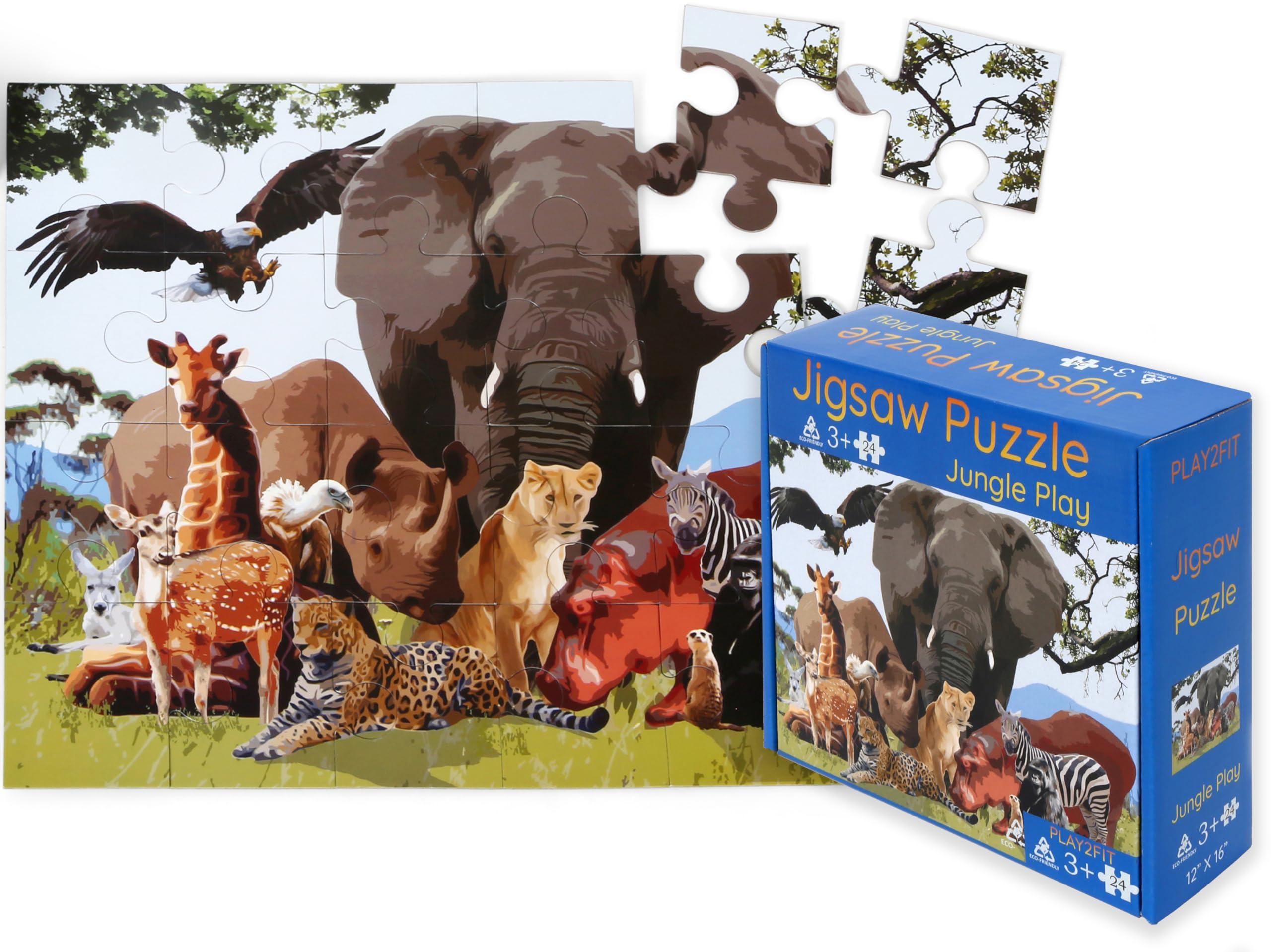 Animals Jungle Play Jigsaw Puzzle for Kids Floor Puzzles 24 Piece Ages 3-6 for Toddler by Play2Fit Learning Educational Development Toys Jigsaw Puzzle Birthday Gift for Boys and Girls Organic Colors
