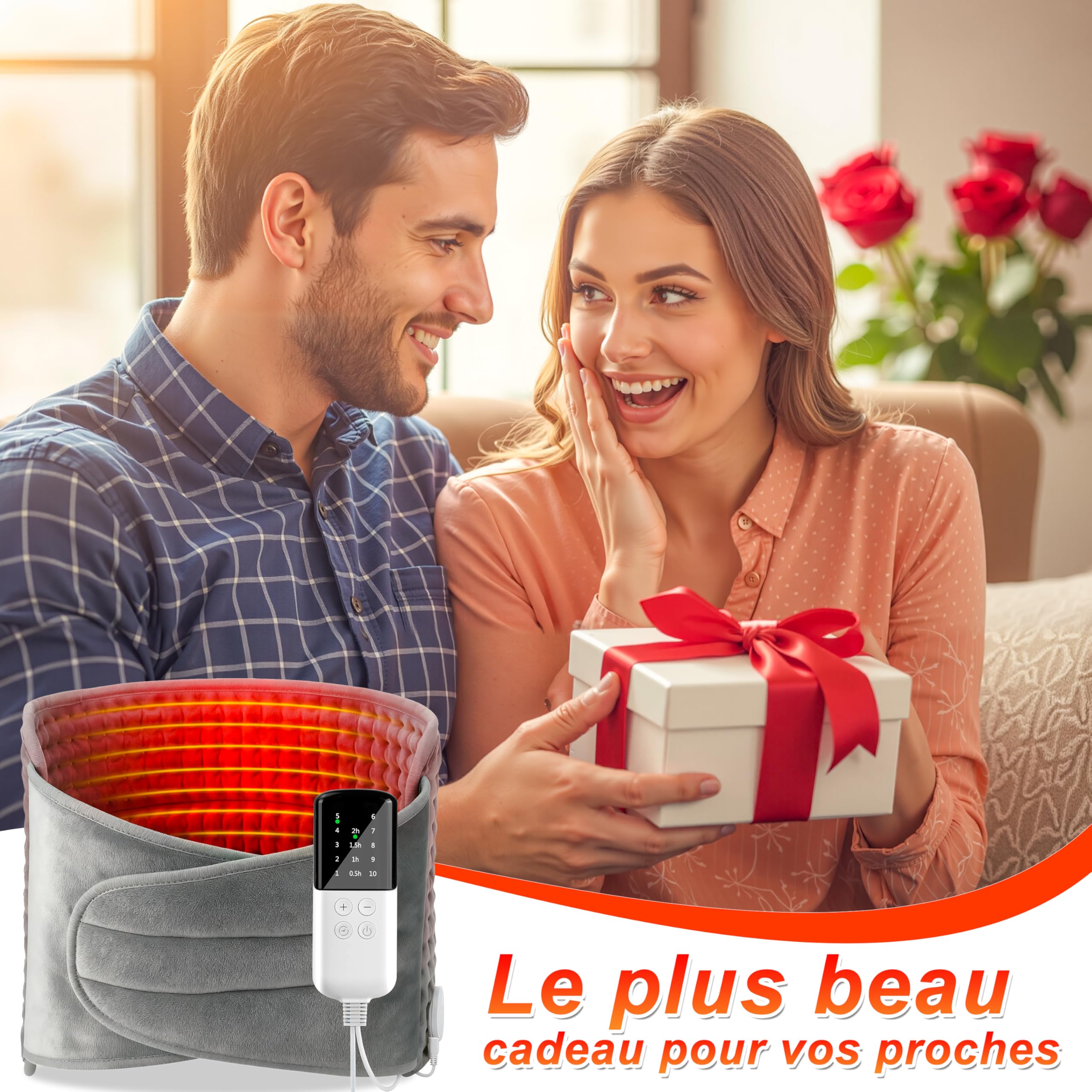 MOMOSTAR Coussin Chauffant Electrique 125x30cm Ceinture Chauffante Lombaire avec Velcro, Coussin Chauffant Pour Dos Abdomen Taille, Chauffage Rapide, 10 Niveaux de Température, 4 Réglages de Minuterie