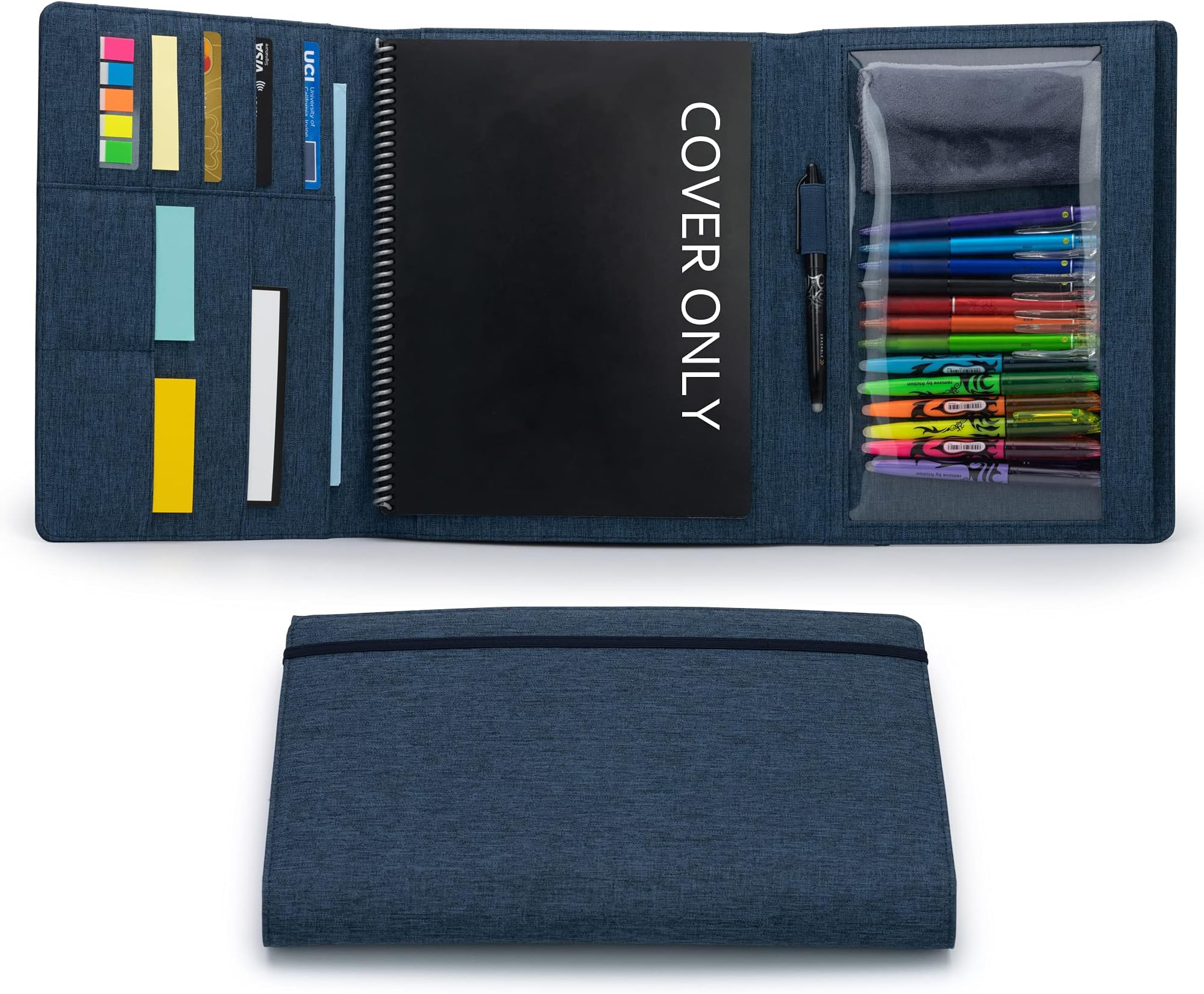 Folio Cover Compatible with Rocketbook Fusion, Panda, Everlast, Waterproof Fabric, Multi Organizer with Pen Loop, Zipper Pocket, Business Card Holder, fits A4 Size Notebook, Blue