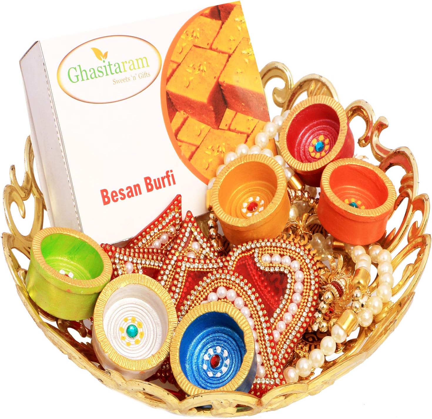 Ghasitaram GiftsDiwali Hamper - Golden Basket Hamper of Besan Barfi,T-Lite,Toran, Rangoli and a Set of 6 Diyas|Gift Hamper| Diwali Gift Hamper|Food Hampers|Gourmet Hampers|