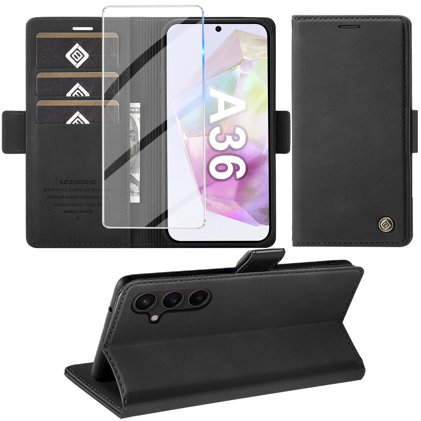 Giyer Cover per Samsung Galaxy A36 5G Custodia con Vetro Temperato, Premium Pelle PU Portafoglio Slot per Scheda RFID Antifurto Funzione Supporto Flip Case, Antiurto per Samsung A36 5G Cover (Nero)