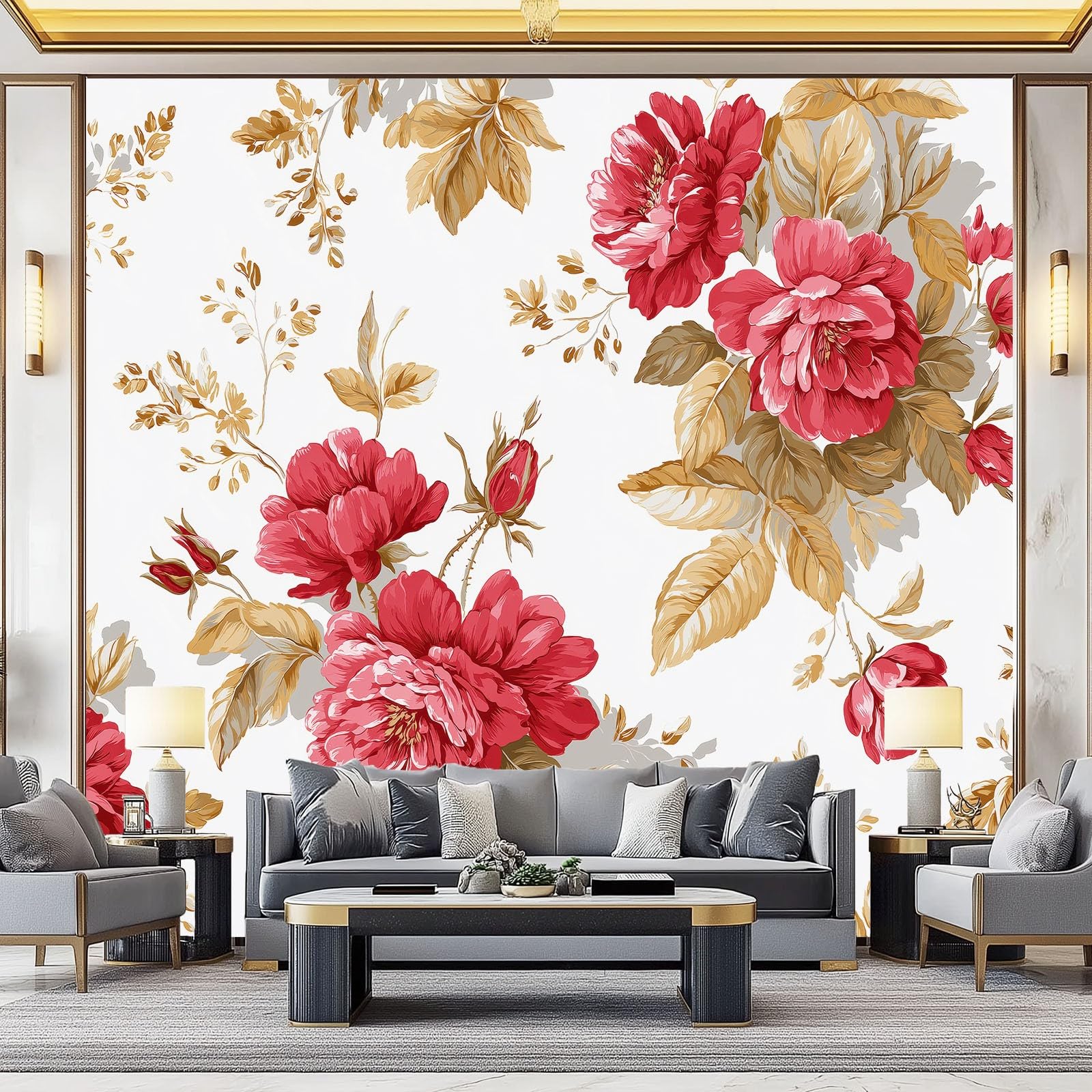 Tapeta Retro Piwonia Kwiat Kulki Tło Mural 350 x 256 cm Nowoczesna Dekoracja Salon Sypialnia Biuro Fototapety Sypialnia Czerwony
