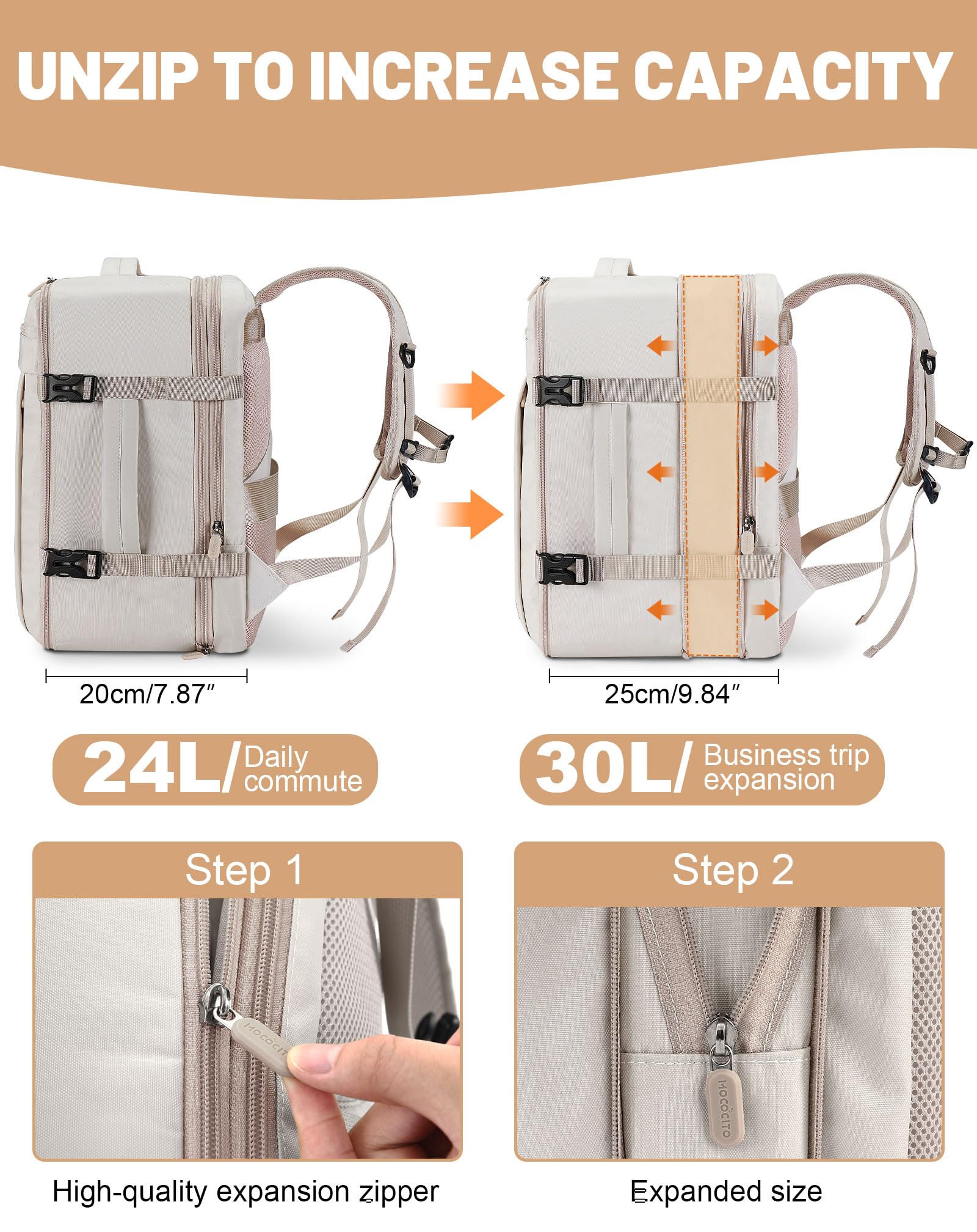 Bagage Cabine 40x30x20cm Extensible, Sac à Dos de Voyage, Sac Cabine Avion 24L-30L pour Vueling/Transavia, avec Compartiment PC 15.6" - Beige Crème